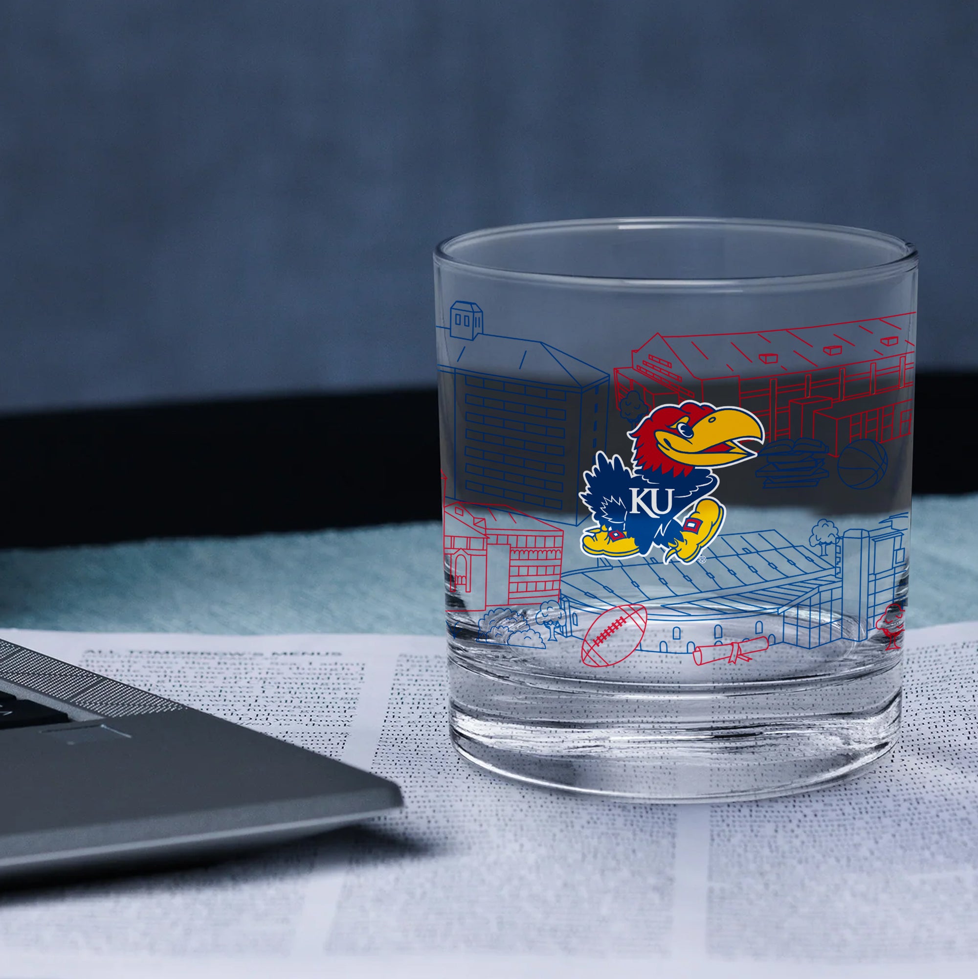 Set of 4 Kansas Jayhawks Campus Line Art 14oz Rocks Glasses