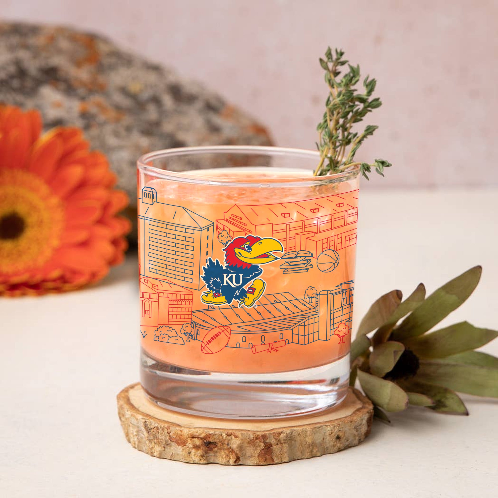 Set of 4 Kansas Jayhawks Campus Line Art 14oz Rocks Glasses