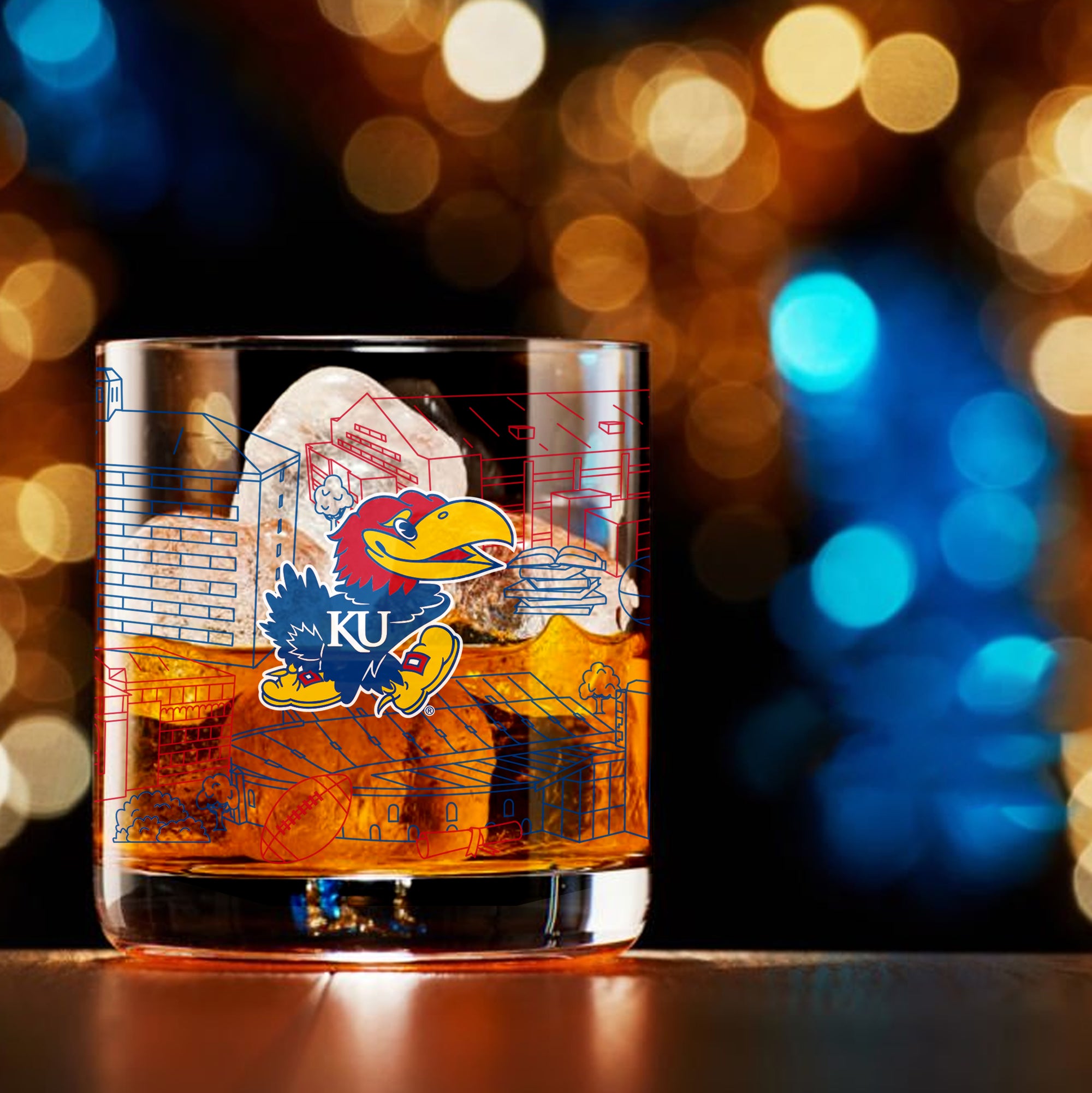 Set of 4 Kansas Jayhawks Campus Line Art 14oz Rocks Glasses