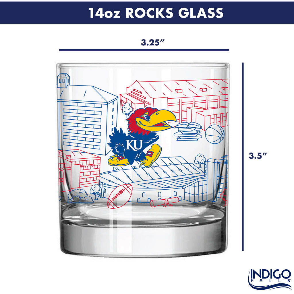 Set of 4 Kansas Jayhawks Campus Line Art 14oz Rocks Glasses