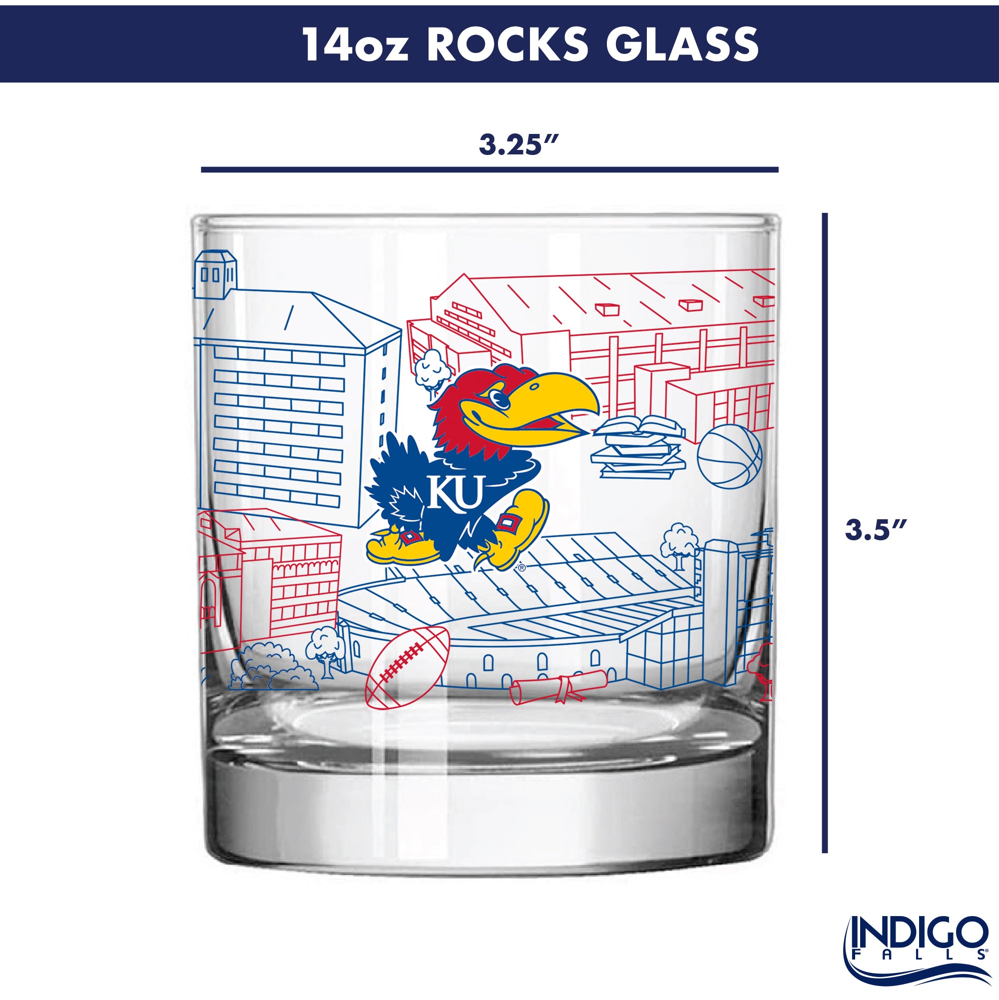 Set of 4 Kansas Jayhawks Campus Line Art 14oz Rocks Glasses