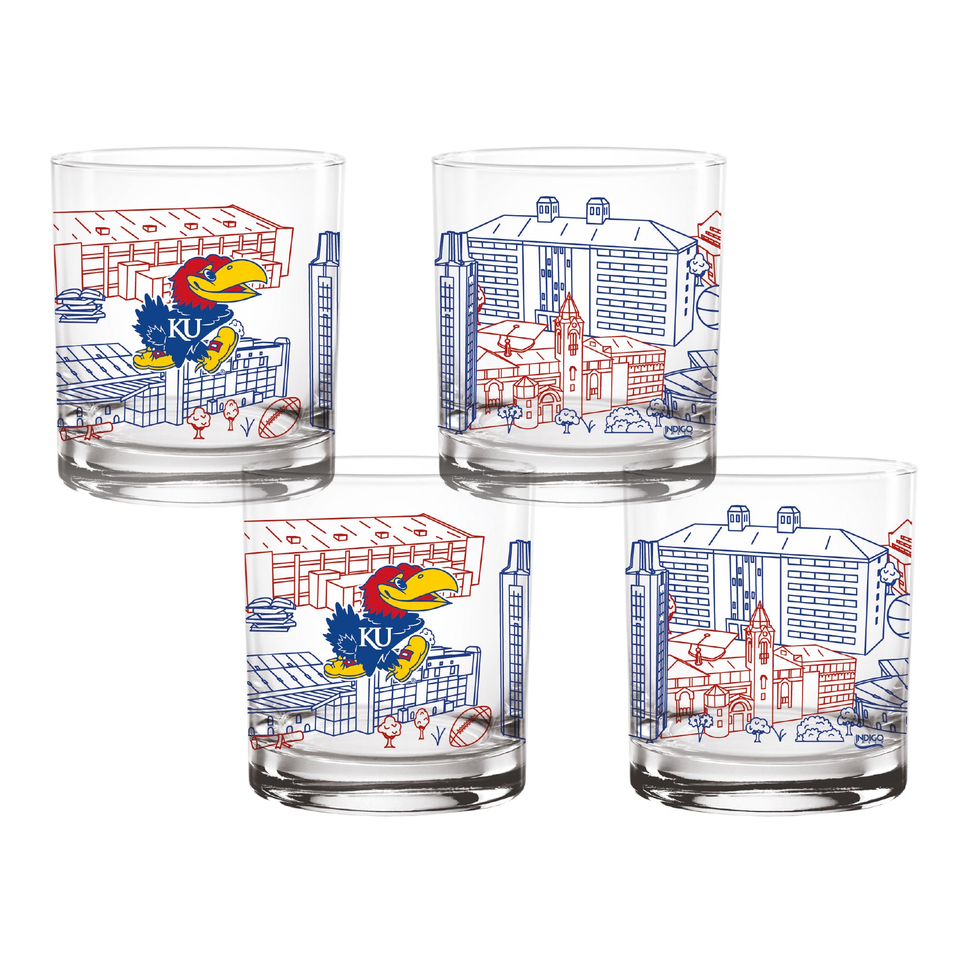 Set of 4 Kansas Jayhawks Campus Line Art 14oz Rocks Glasses