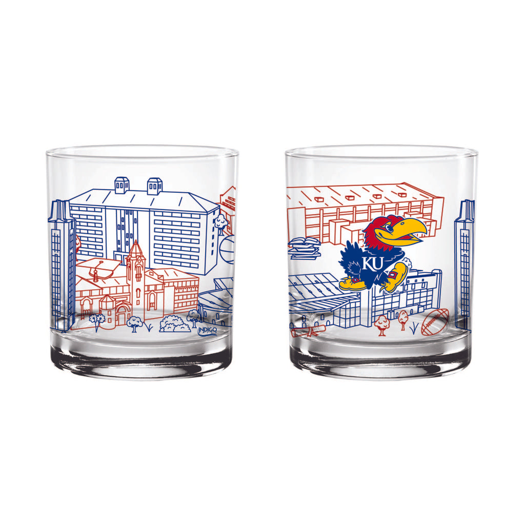 Set of 2 Kansas Jayhawks Campus Line Art 14oz Rocks Glasses
