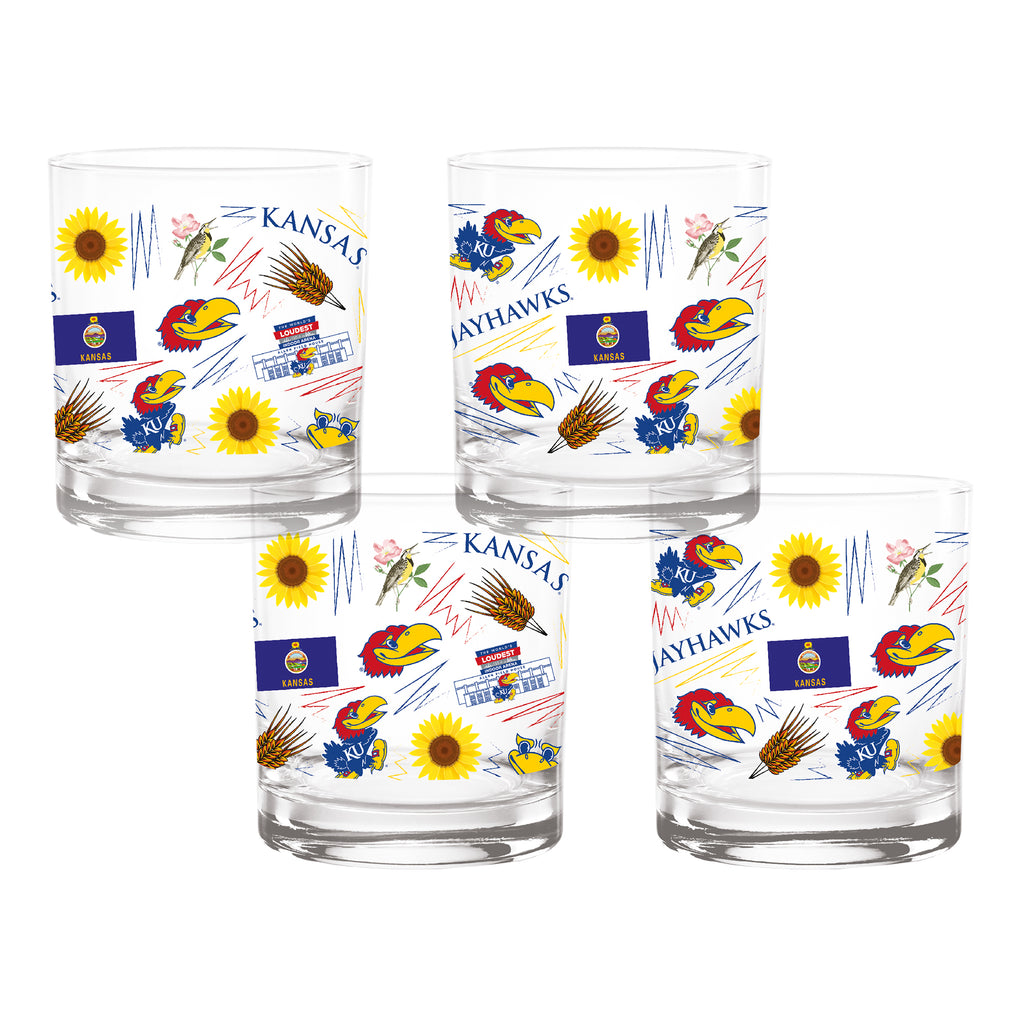 Set of 4 Kansas Jayhawks 14oz Local Rocks Glasses
