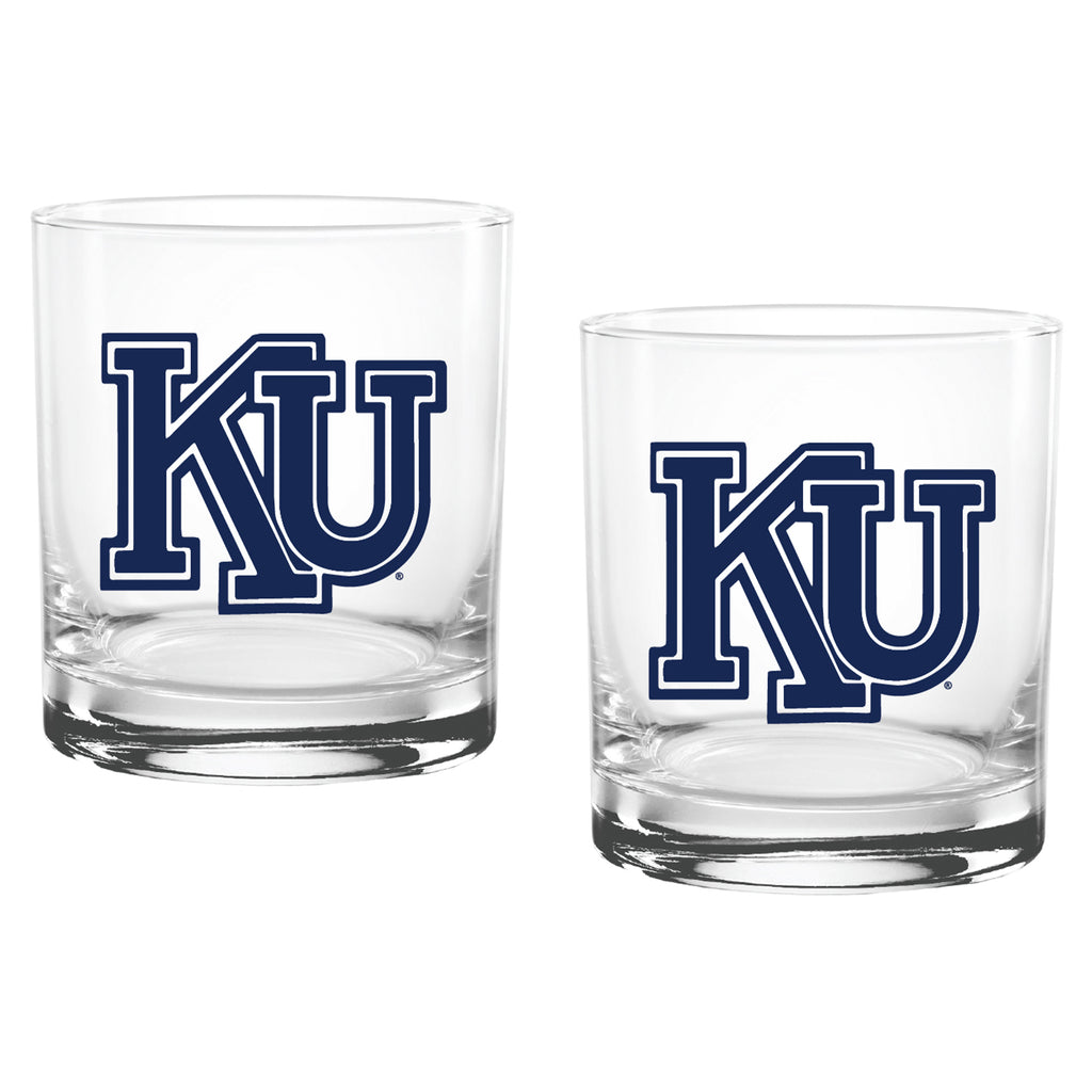 Set of 2 Kansas Jayhawks College Vault Sketch 14oz Rocks Glasses
