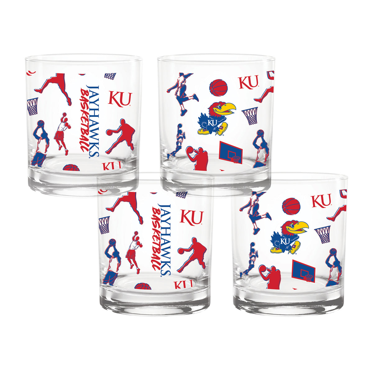 Set of 4 Kansas Jayhawks Basketball Sketch 14oz Rocks Glasses