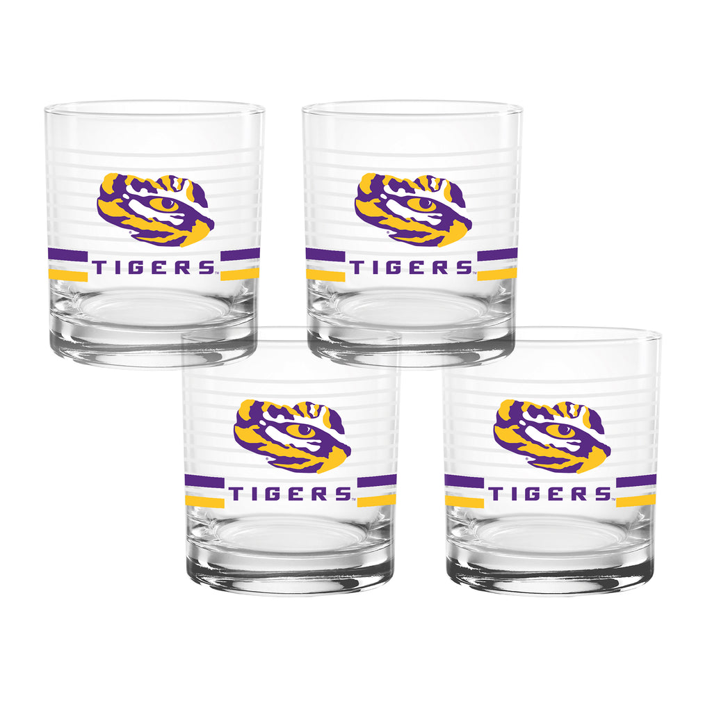 Set of 4 LSU Tigers 14oz Ring Rocks Glasses