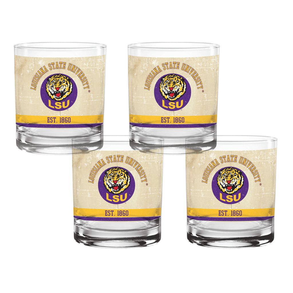 Set of 4 LSU College Vault Tan Retro 14oz Rocks Glasses