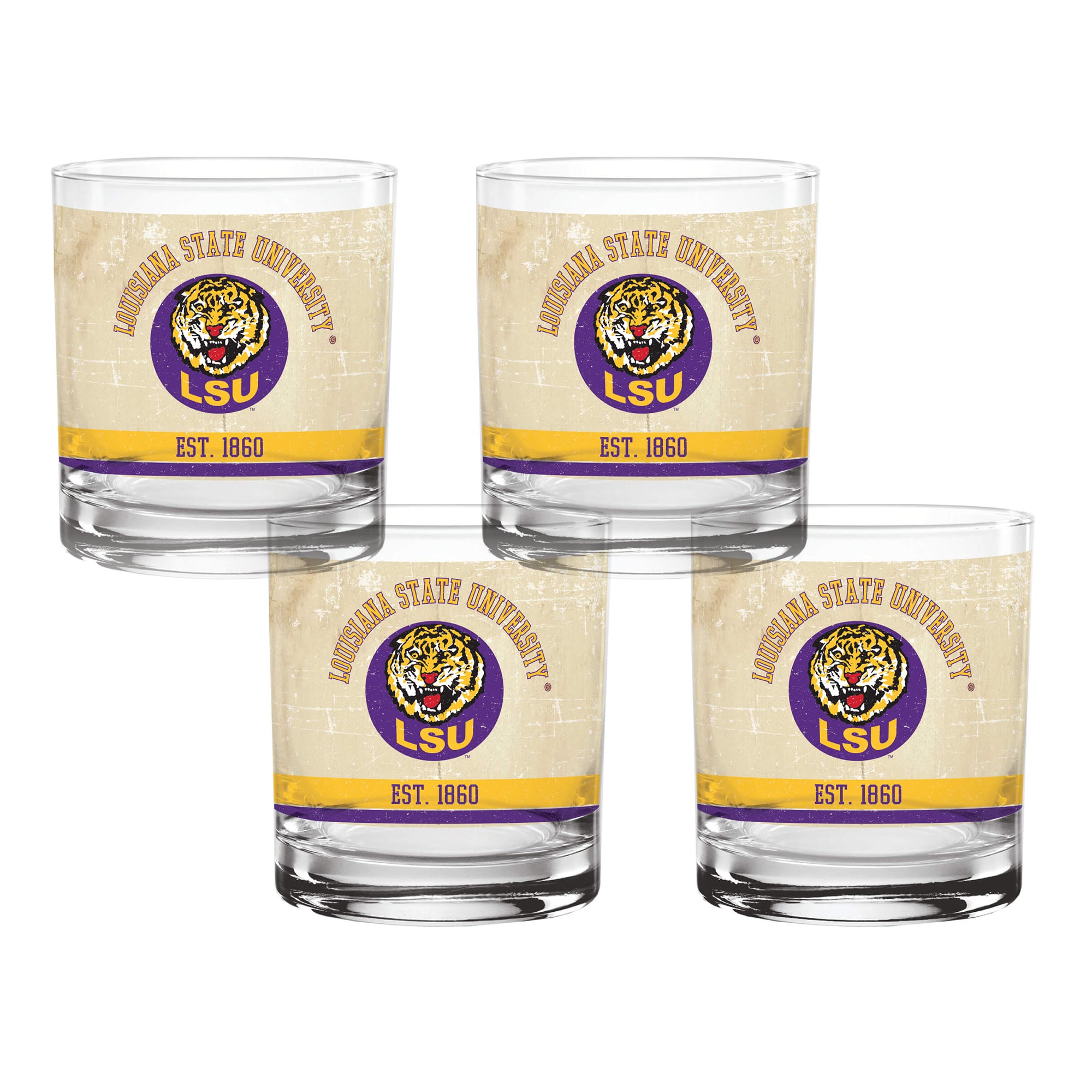 Set of 4 LSU College Vault Tan Retro 14oz Rocks Glasses