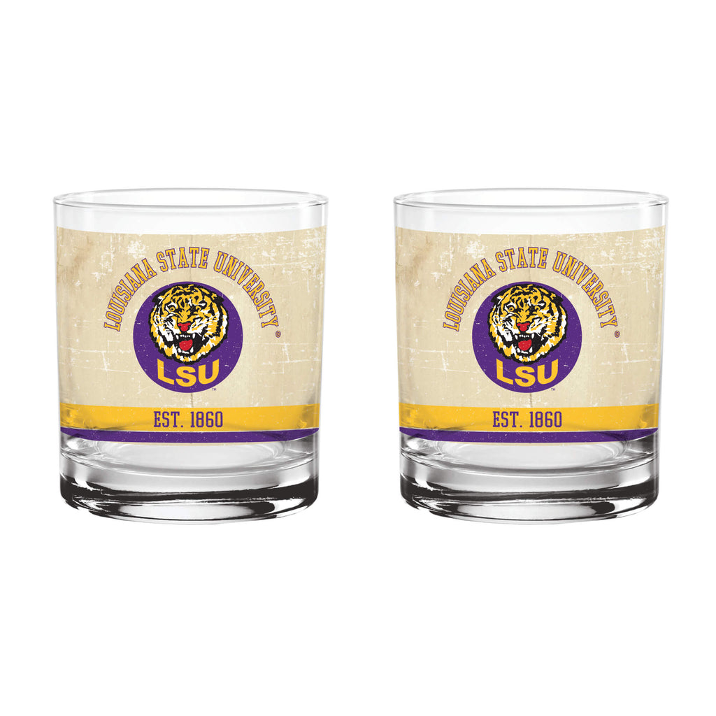 LSU Set of 2 College Vault Tan Retro 14oz Rocks Glasses