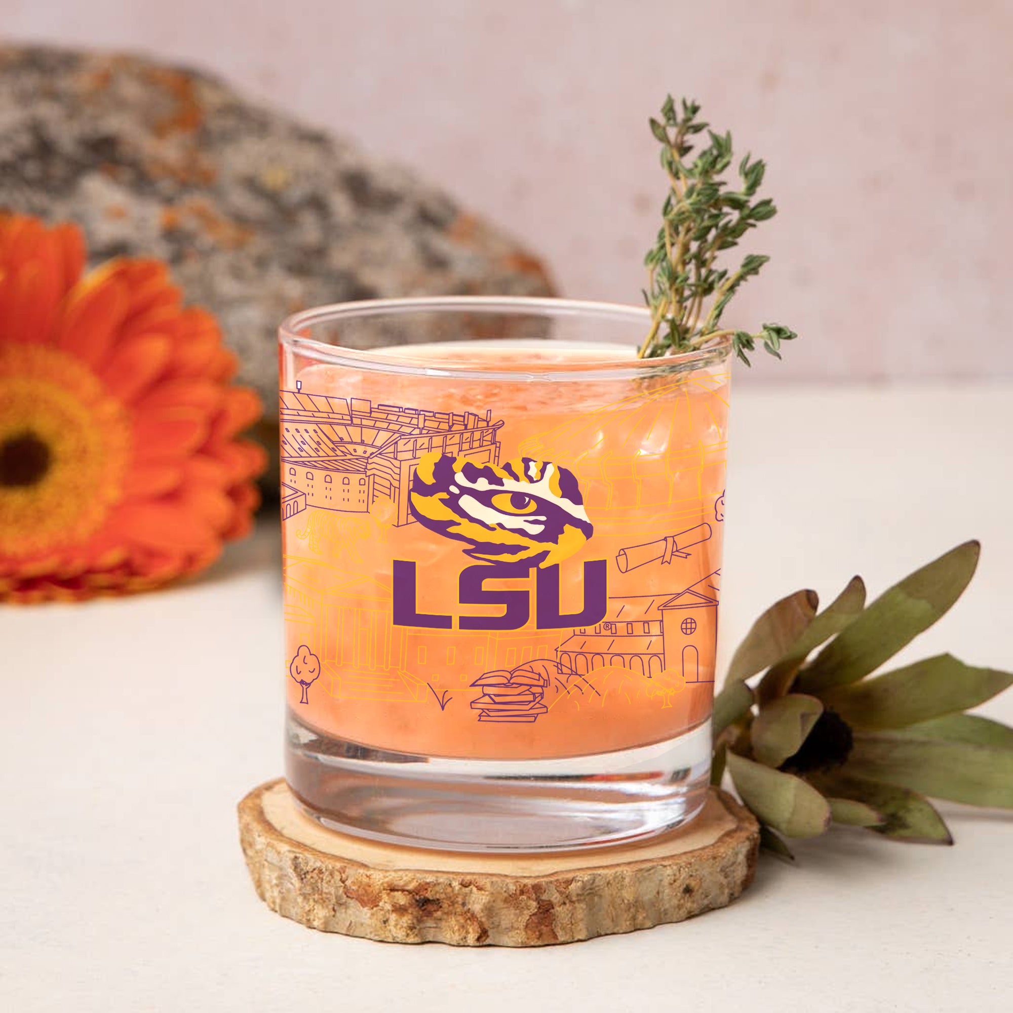 Set of 4 LSU Tigers Campus Line Art 14oz Rocks Glasses