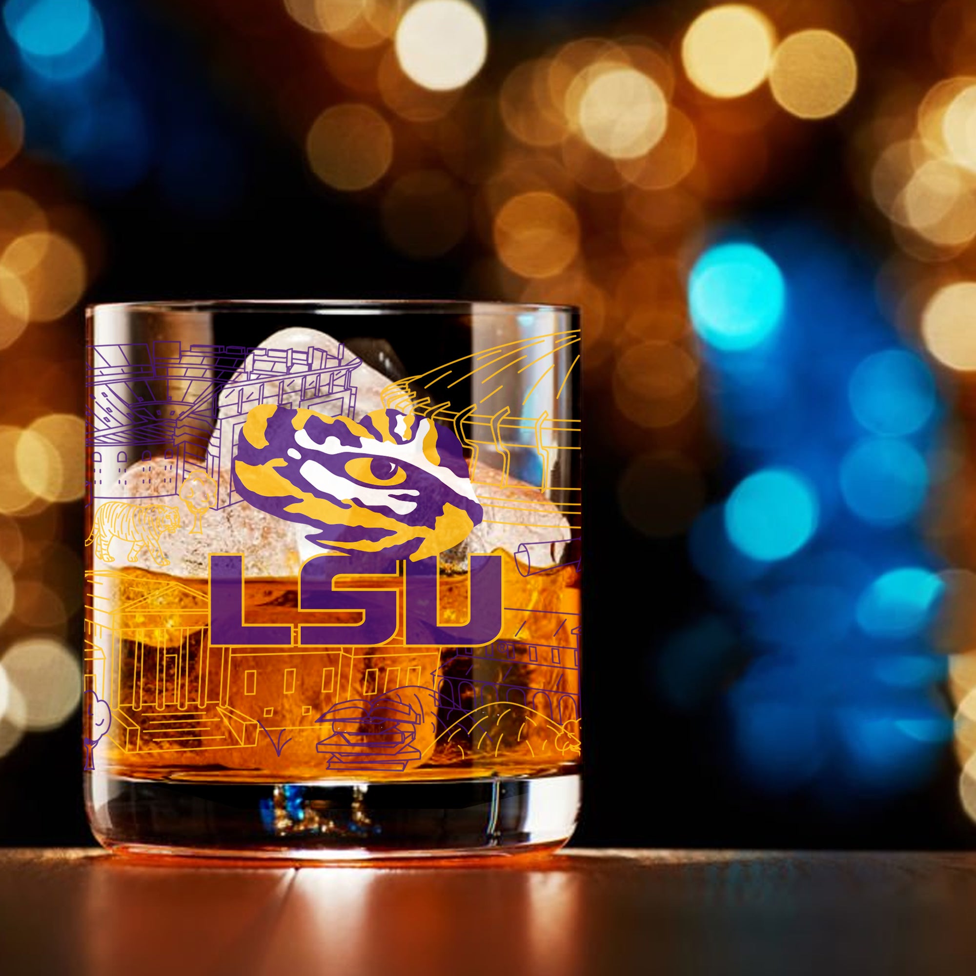 Set of 4 LSU Tigers Campus Line Art 14oz Rocks Glasses