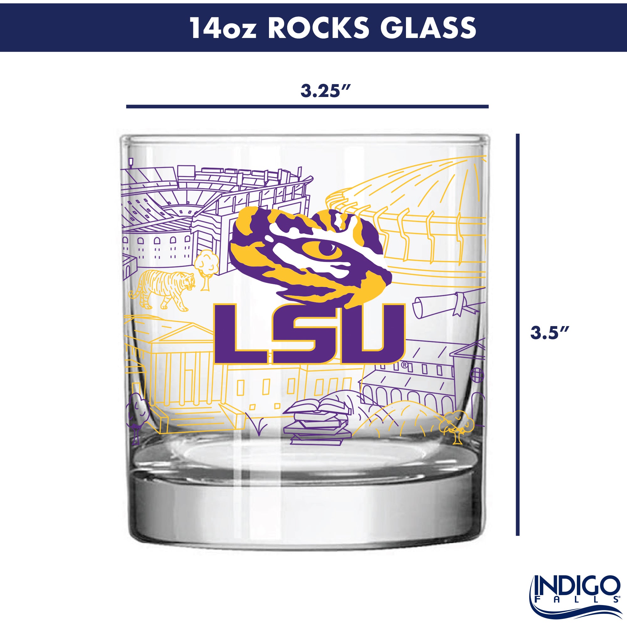 Set of 4 LSU Tigers Campus Line Art 14oz Rocks Glasses