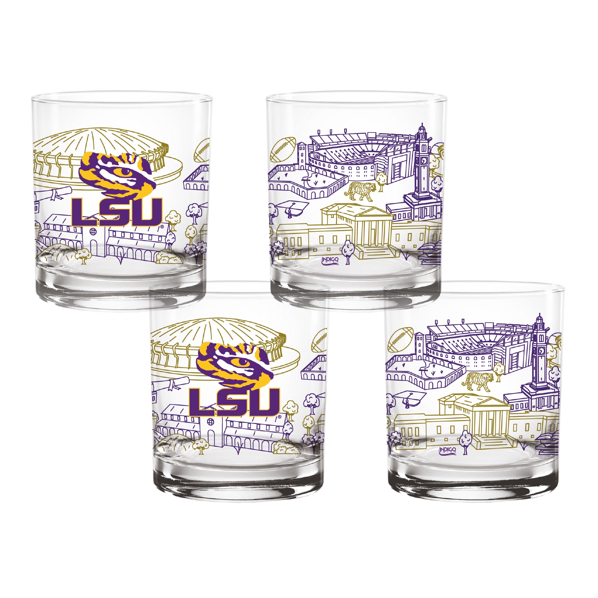 Set of 4 LSU Tigers Campus Line Art 14oz Rocks Glasses