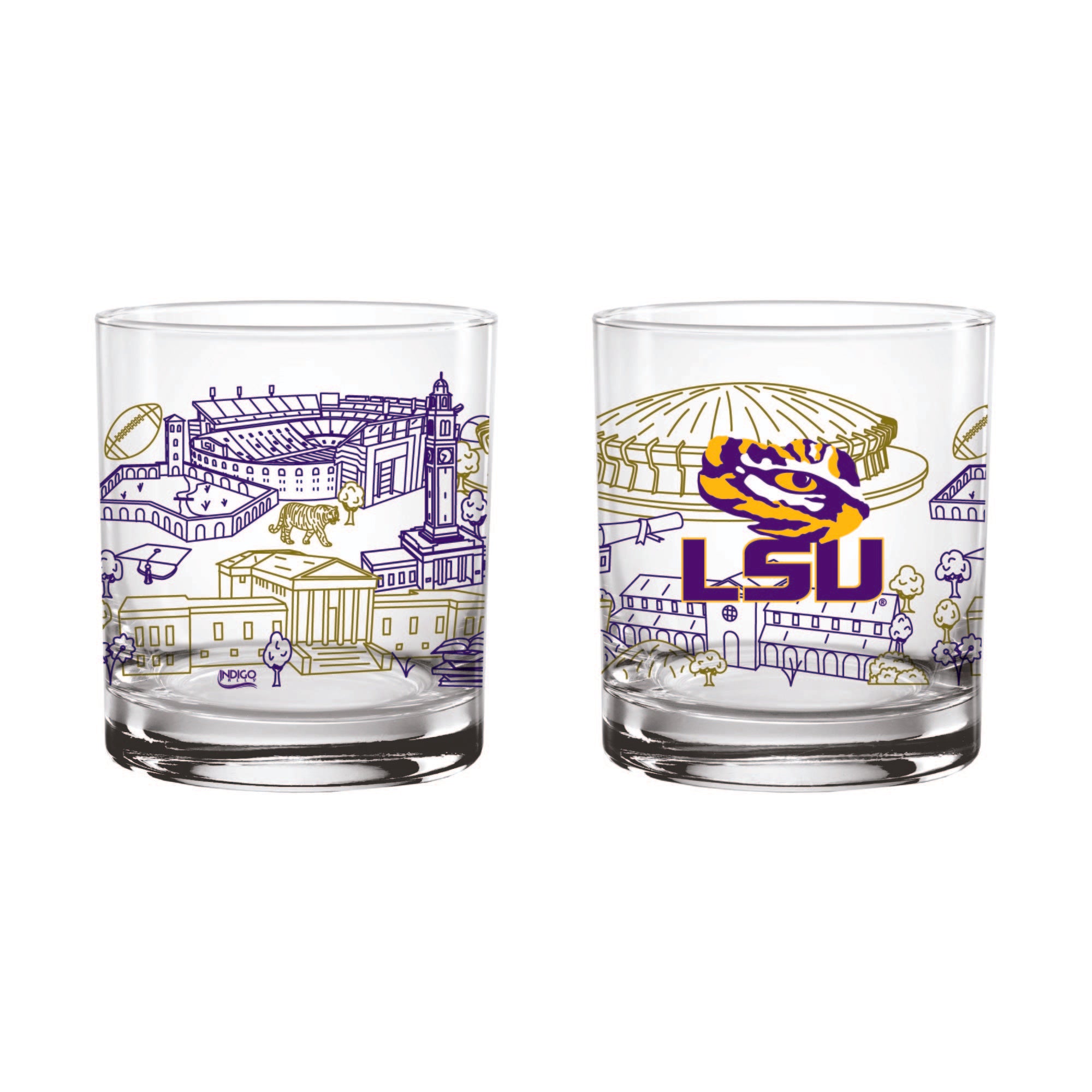 Set of 2 LSU Tigers Campus Line Art 14oz Rocks Glasses – Indigo Falls