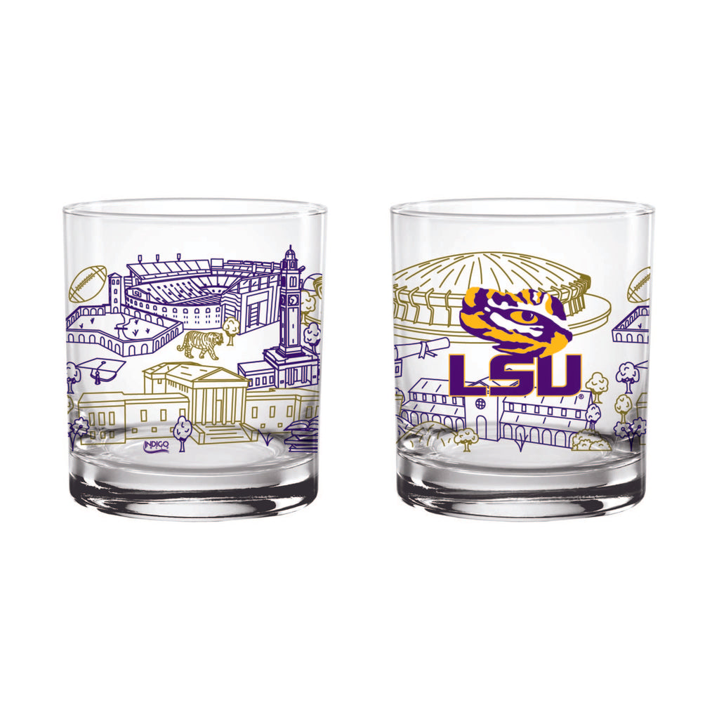 Set of 2 LSU Tigers Campus Line Art 14oz Rocks Glasses