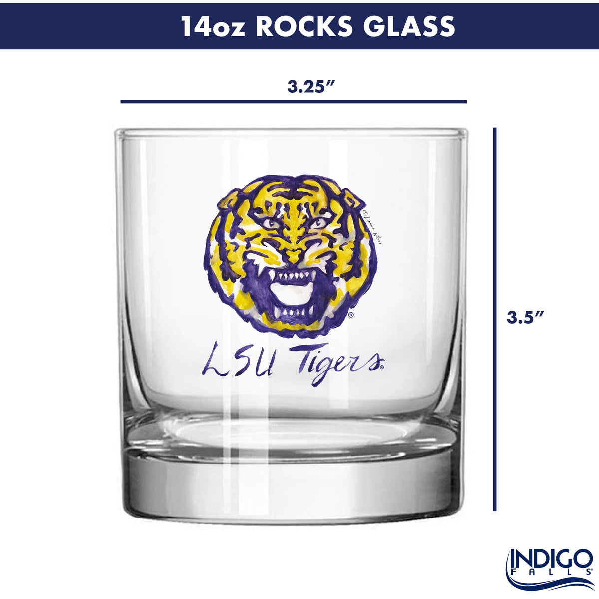 Set of 4 LSU Tigers Mascot by Laura Wilcox 14oz Rocks Glasses