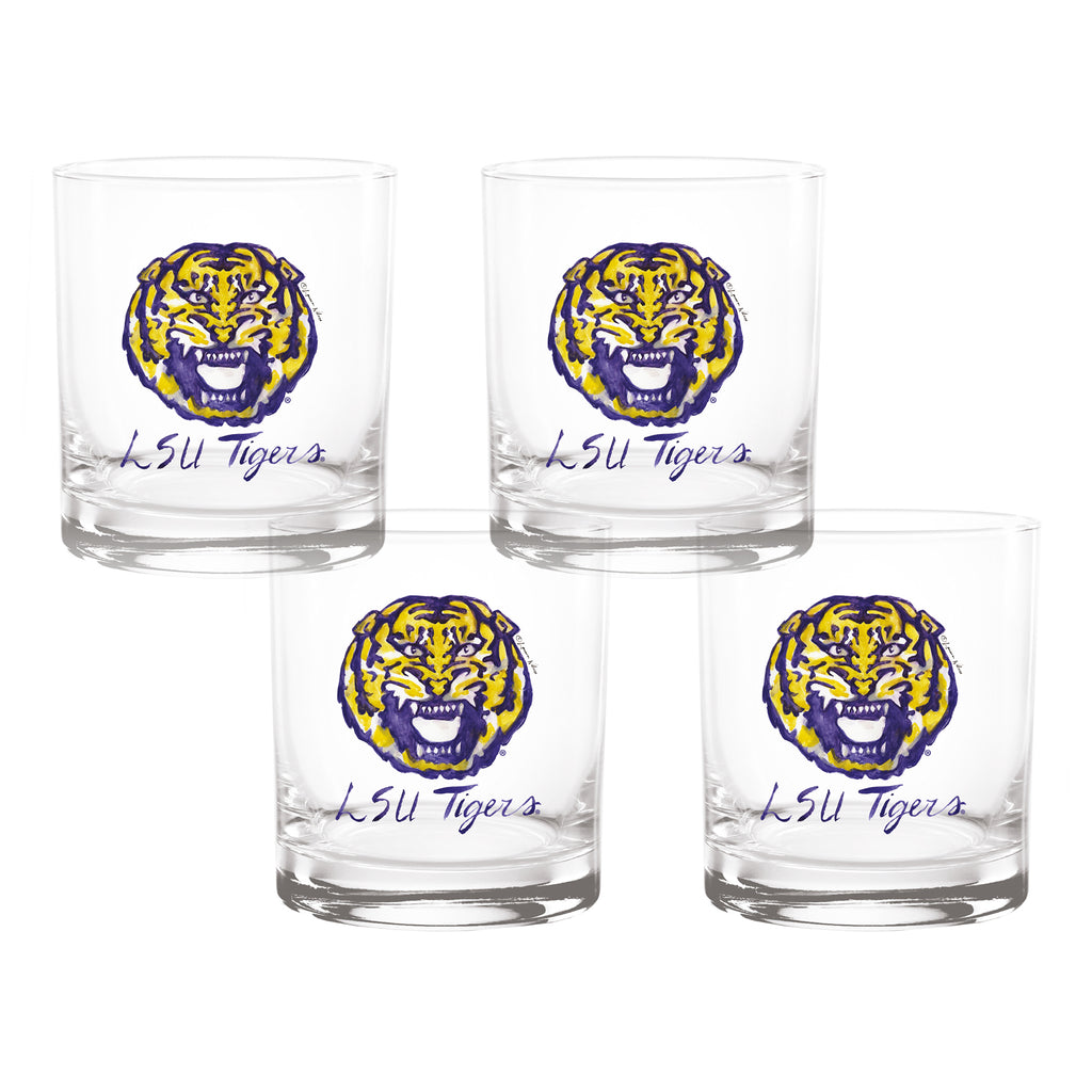Set of 4 LSU Tigers Mascot by Laura Wilcox 14oz Rocks Glasses