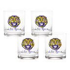 Set of 4 LSU Tigers Mascot by Laura Wilcox 14oz Rocks Glasses