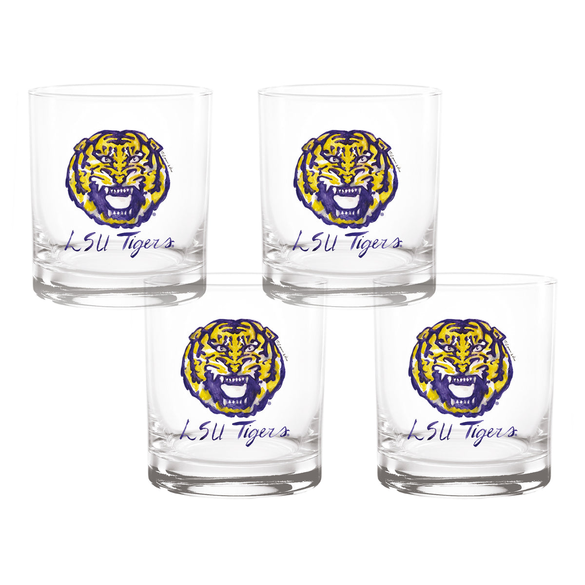 Set of 4 LSU Tigers Mascot by Laura Wilcox 14oz Rocks Glasses