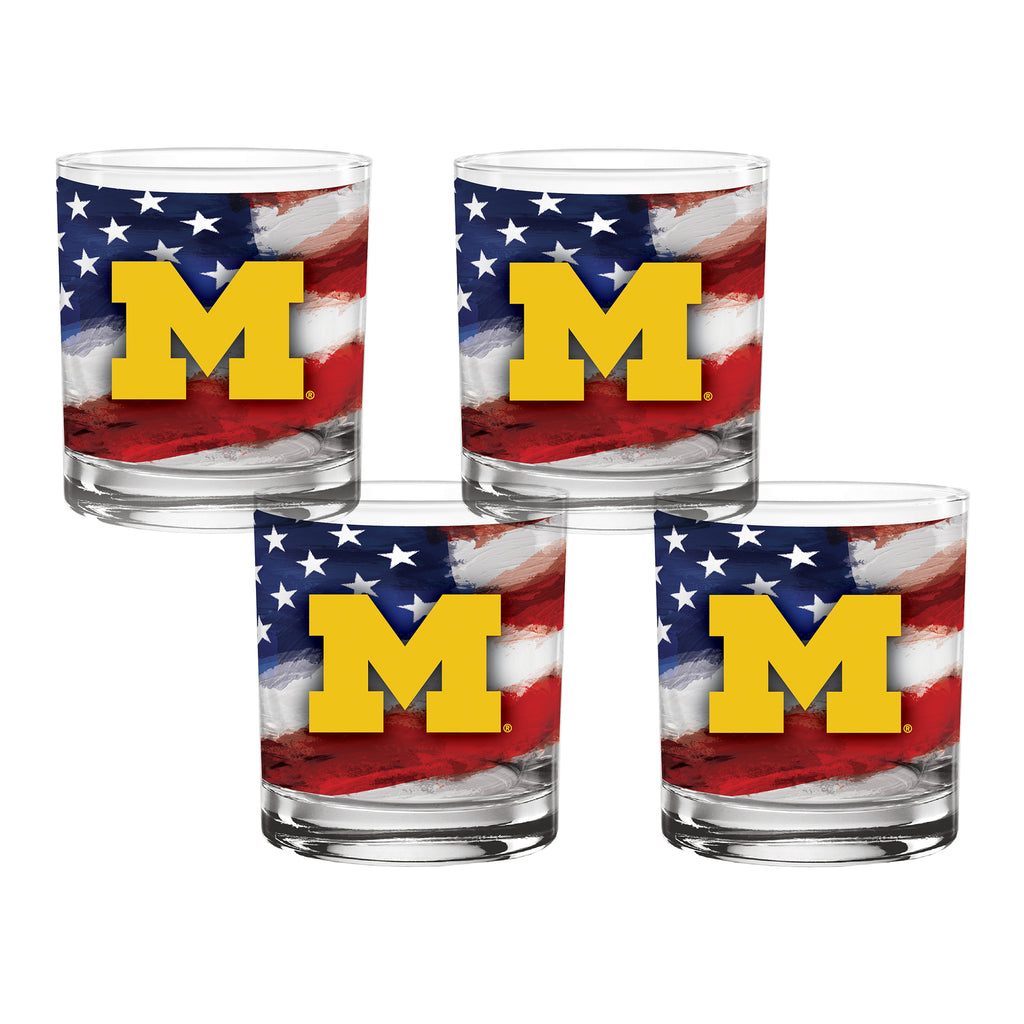Set of 4 Michigan Wolverines 14oz Americana Rocks Glasses