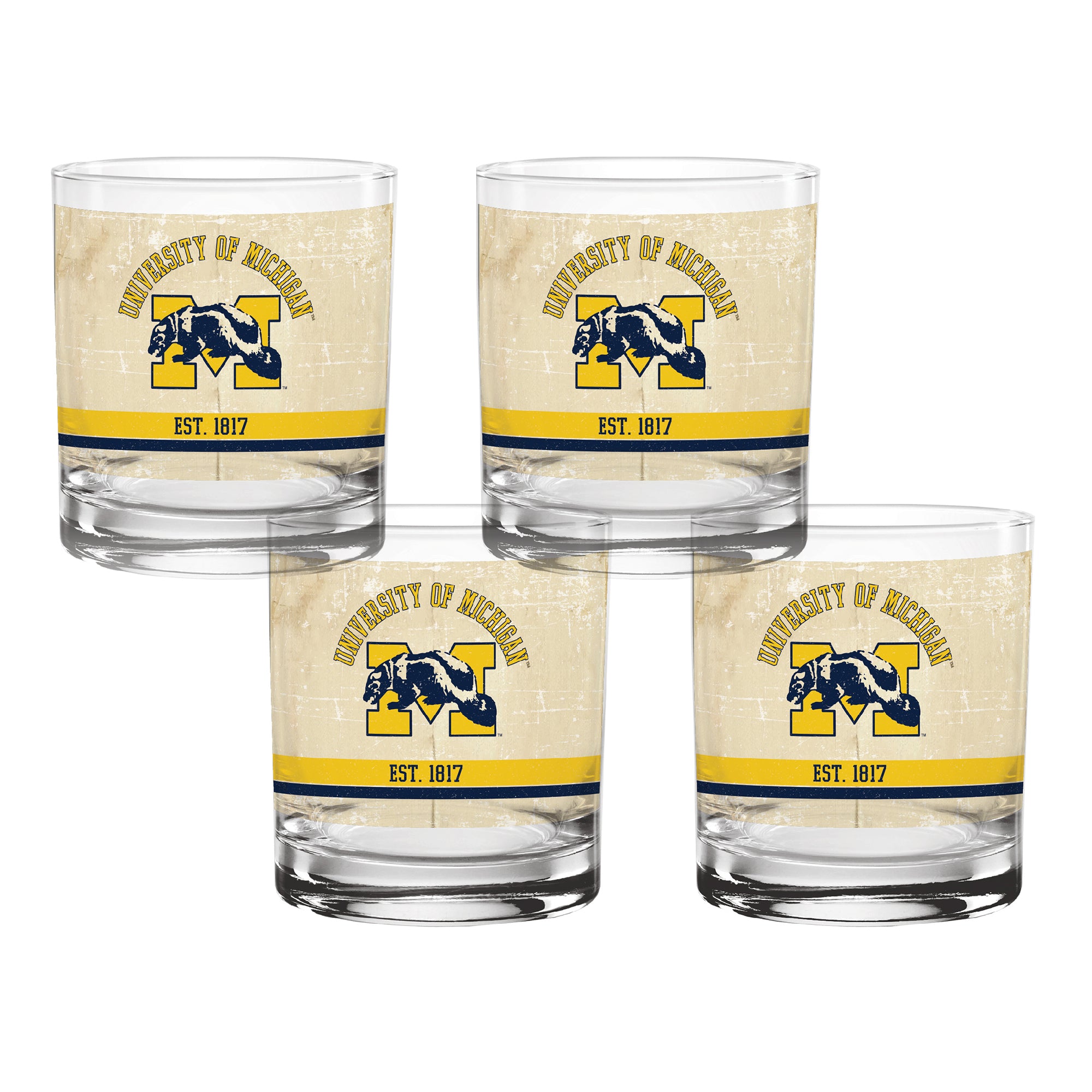 Set of 4 Michigan Wolverines College Vault Tan Retro 14oz Rocks Glasses