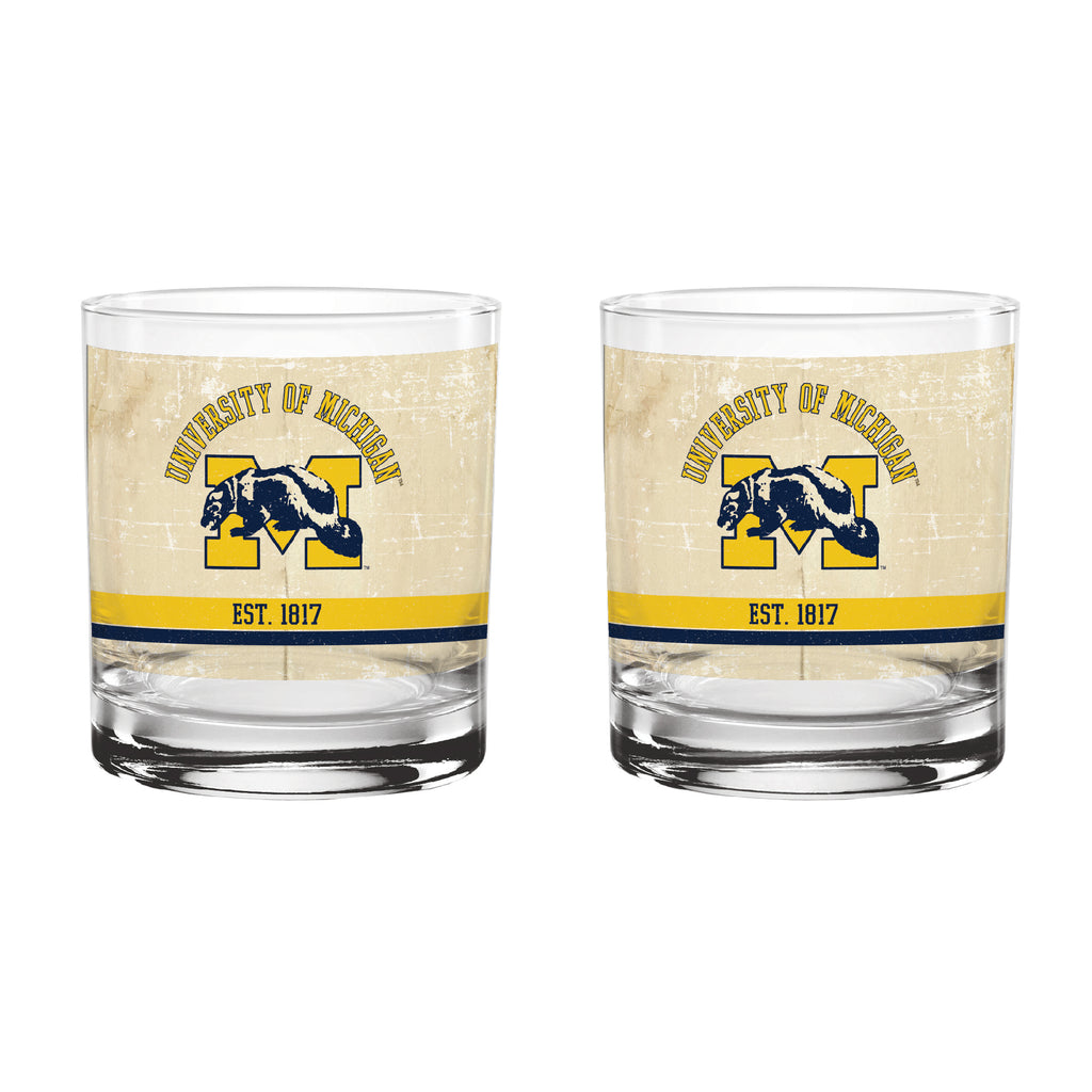 Michigan Wolverines Set of 2 College Vault Tan Retro 14oz Rocks Glasses