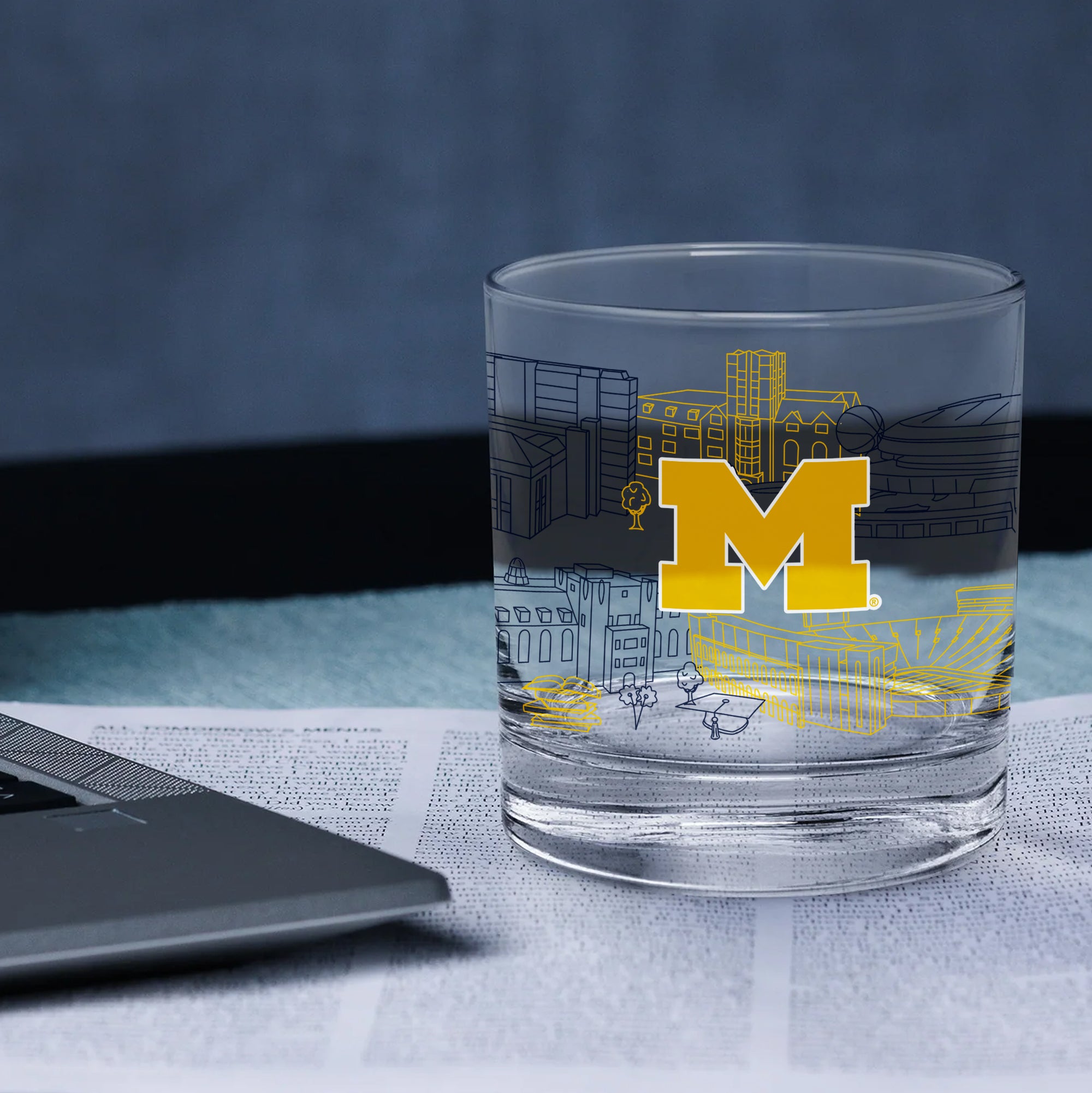 Set of 4 Michigan Wolverines Campus Line Art 14oz Rocks Glasses