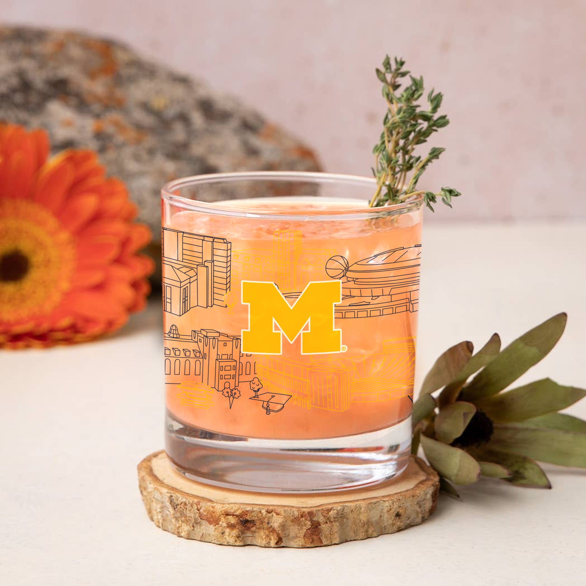 Set of 4 Michigan Wolverines Campus Line Art 14oz Rocks Glasses