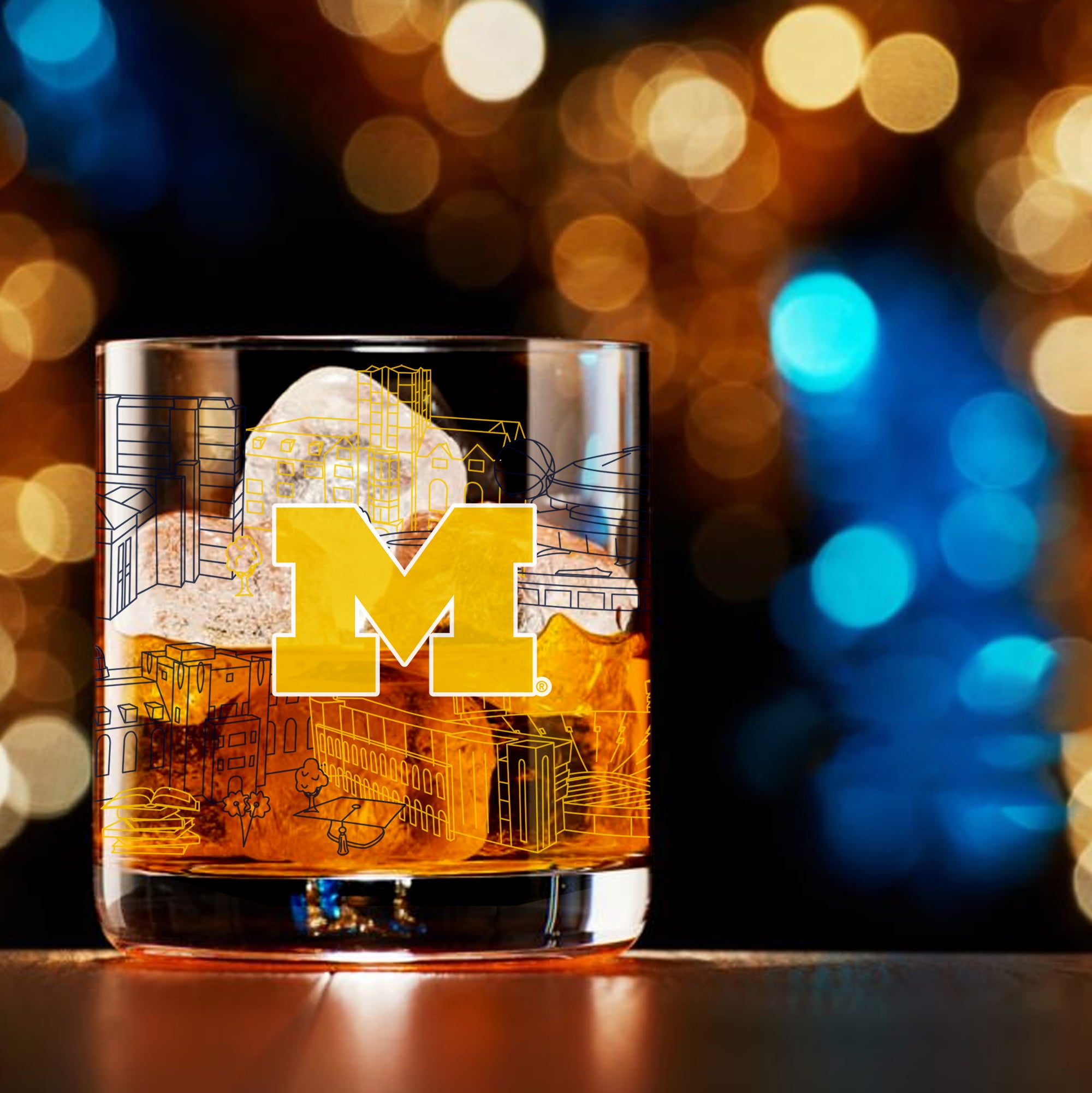 Set of 4 Michigan Wolverines Campus Line Art 14oz Rocks Glasses