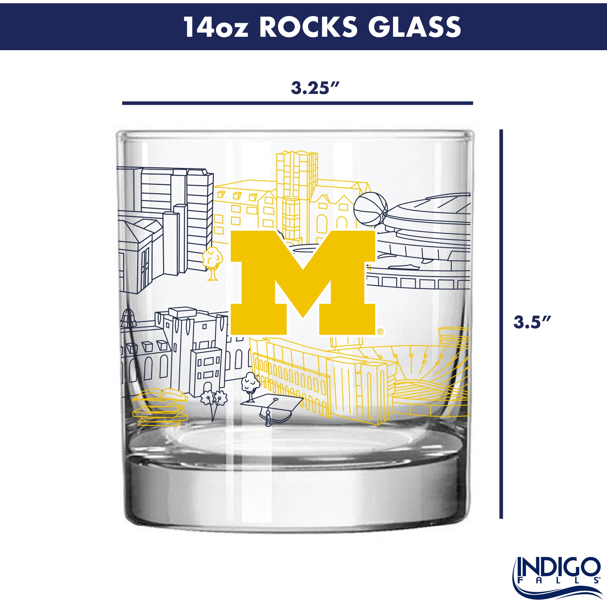 Set of 4 Michigan Wolverines Campus Line Art 14oz Rocks Glasses
