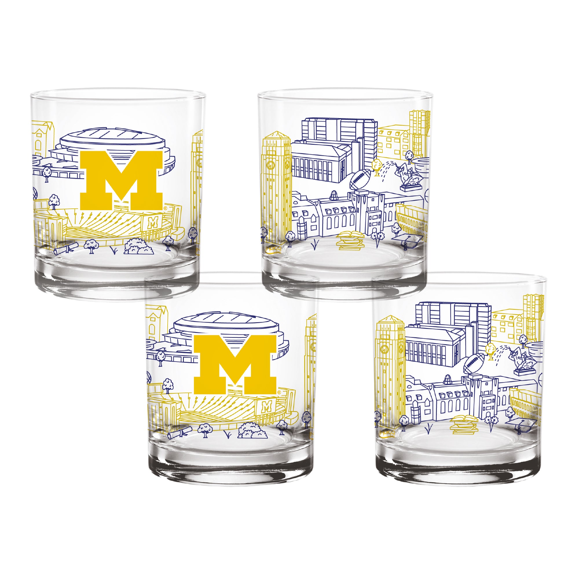 Set of 4 Michigan Wolverines Campus Line Art 14oz Rocks Glasses