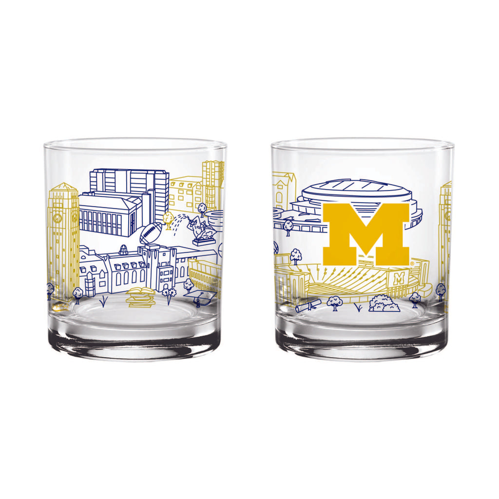 Set of 2 Michigan Wolverines Campus Line Art 14oz Rocks Glasses