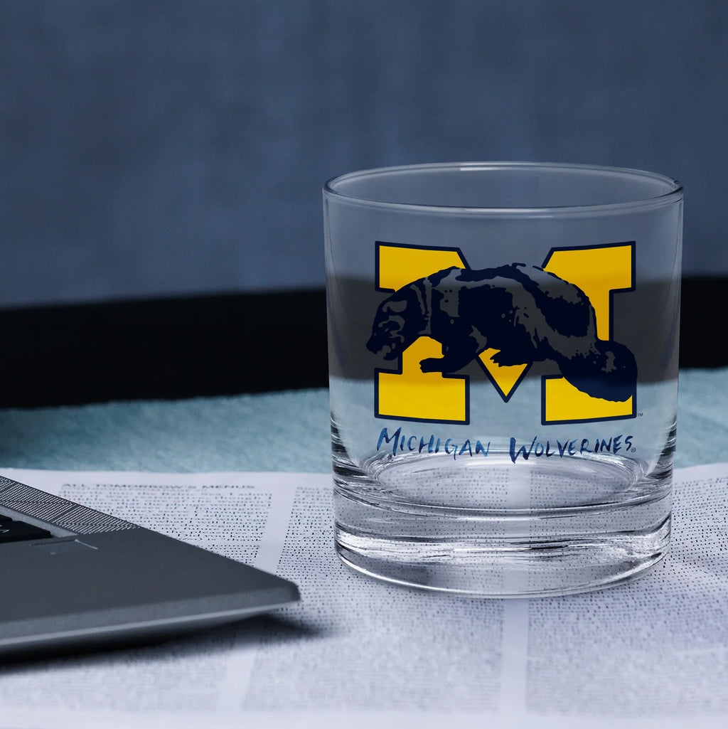 Set of 4 Michigan Wolverines Mascot by Laura Wilcox 14oz Rocks Glasses