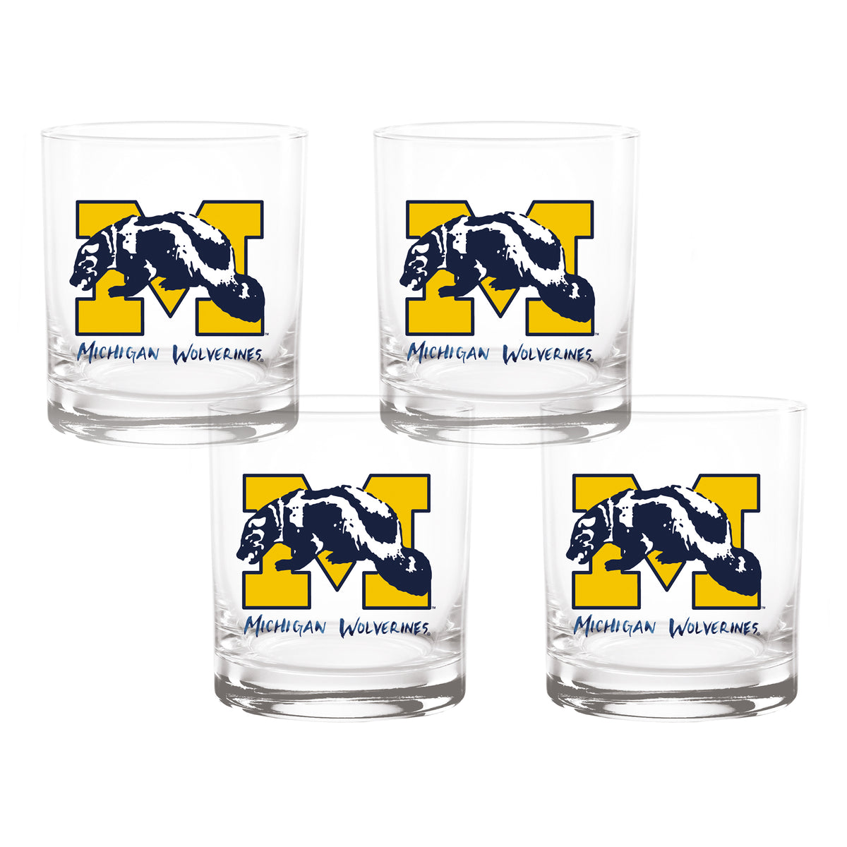 Set of 4 Michigan Wolverines Mascot by Laura Wilcox 14oz Rocks Glasses