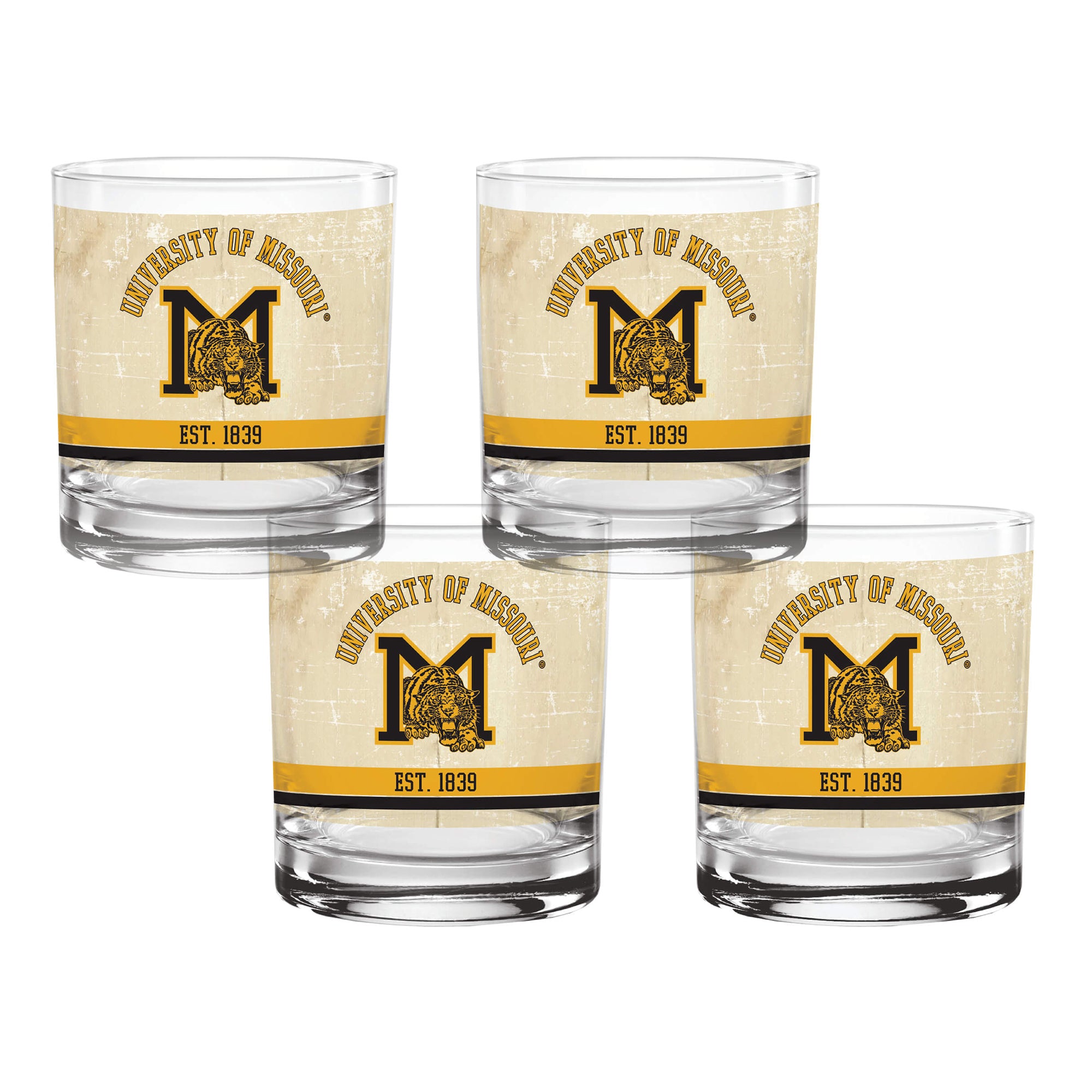 Set of 4 Missouri Tigers College Vault Tan Retro 14oz Rocks Glasses