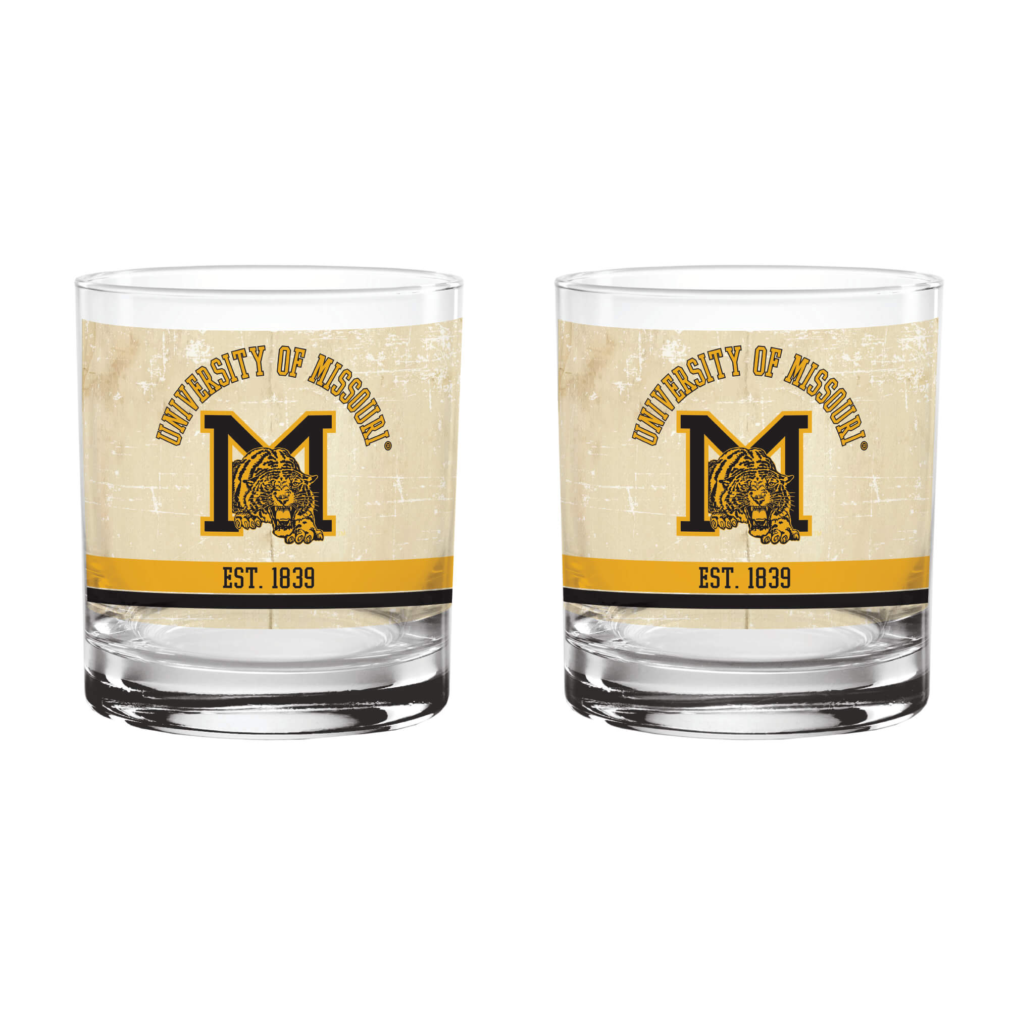 Missouri Tigers Set of 2 College Vault Tan Retro 14oz Rocks Glasses