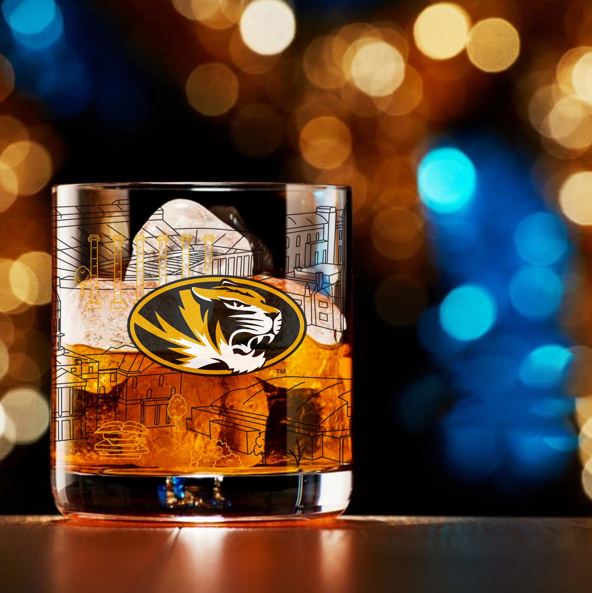Set of 4 Missouri Tigers Campus Line Art 14oz Rocks Glasses