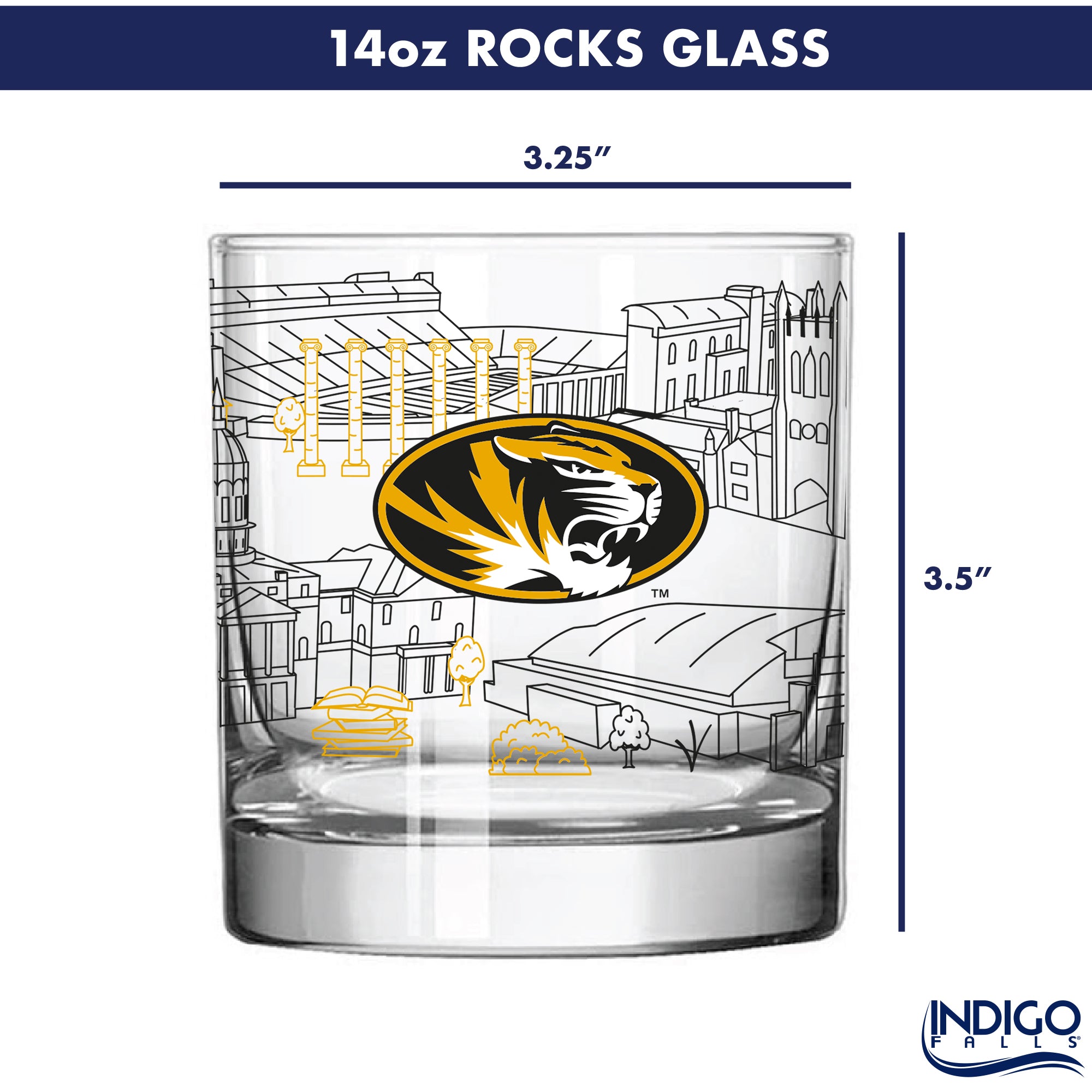 Set of 4 Missouri Tigers Campus Line Art 14oz Rocks Glasses