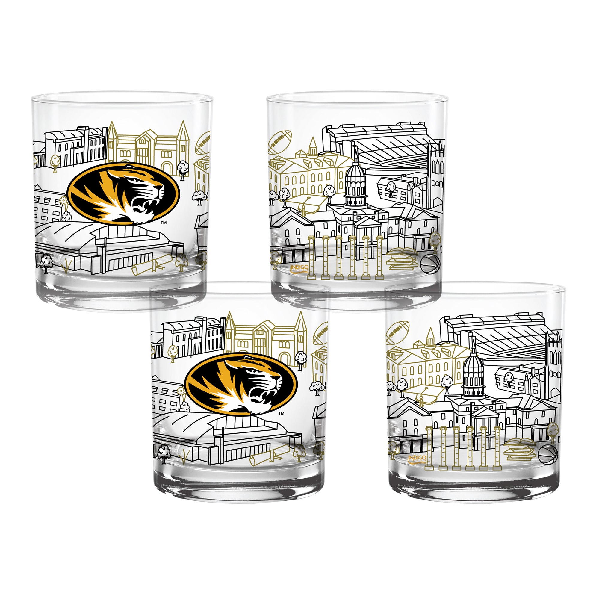 Set of 4 Missouri Tigers Campus Line Art 14oz Rocks Glasses