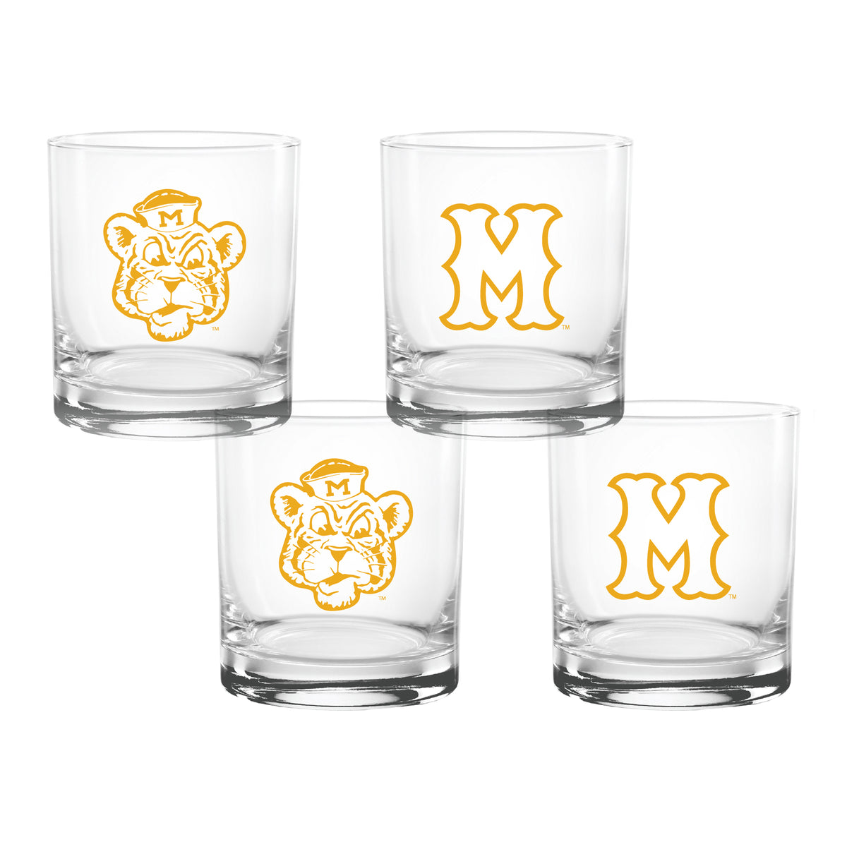 Set of 4 Missouri Tigers College Vault Sketch 14oz Rocks Glasses