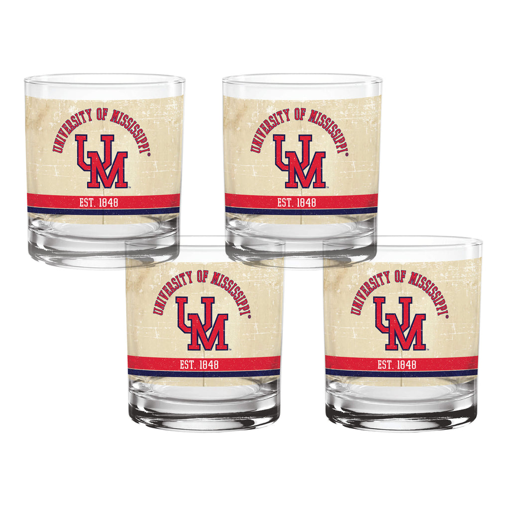 Set of 4 Ole Miss Rebels College Vault Tan Retro 14oz Rocks Glasses