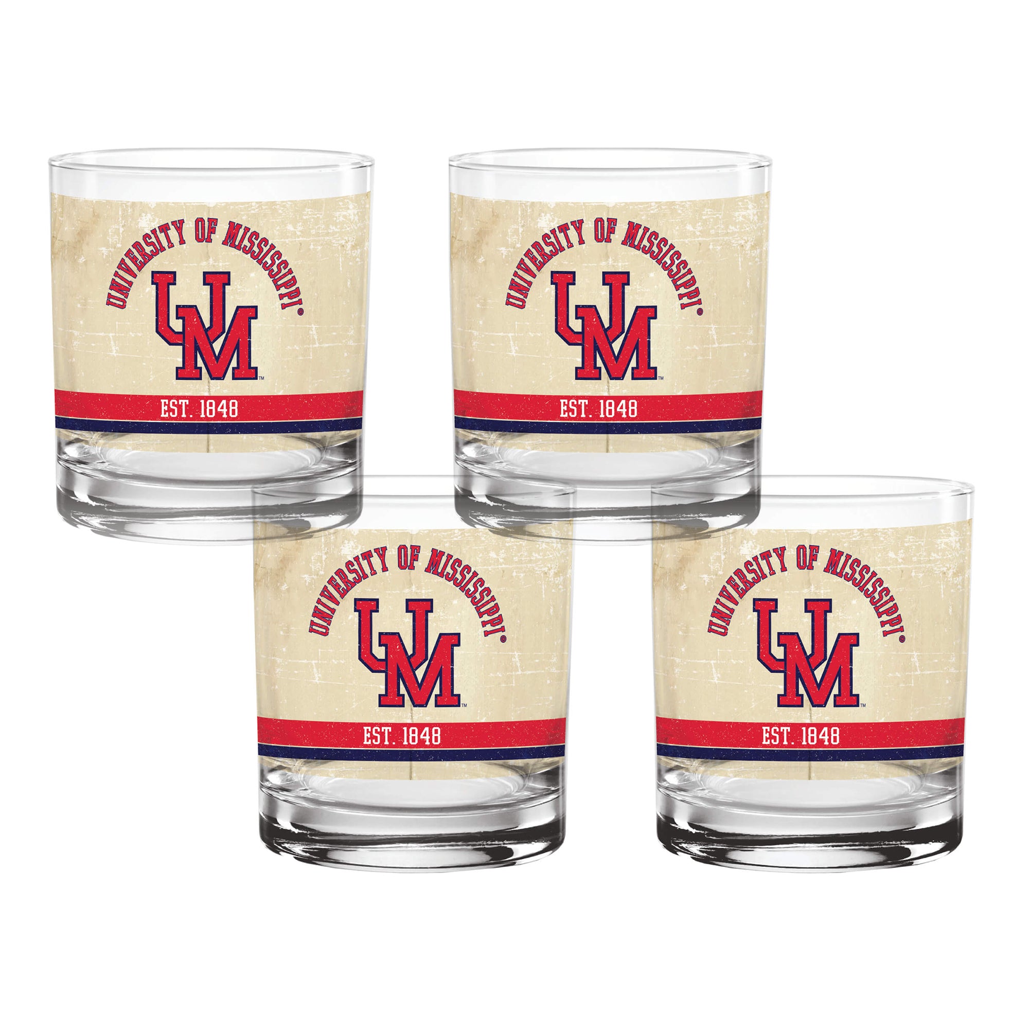Set of 4 Ole Miss Rebels College Vault Tan Retro 14oz Rocks Glasses