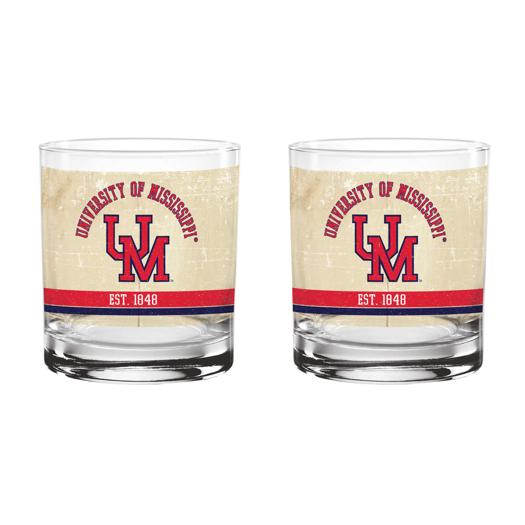 Ole Miss Rebels Set of 2 College Vault Tan Retro 14oz Rocks Glasses