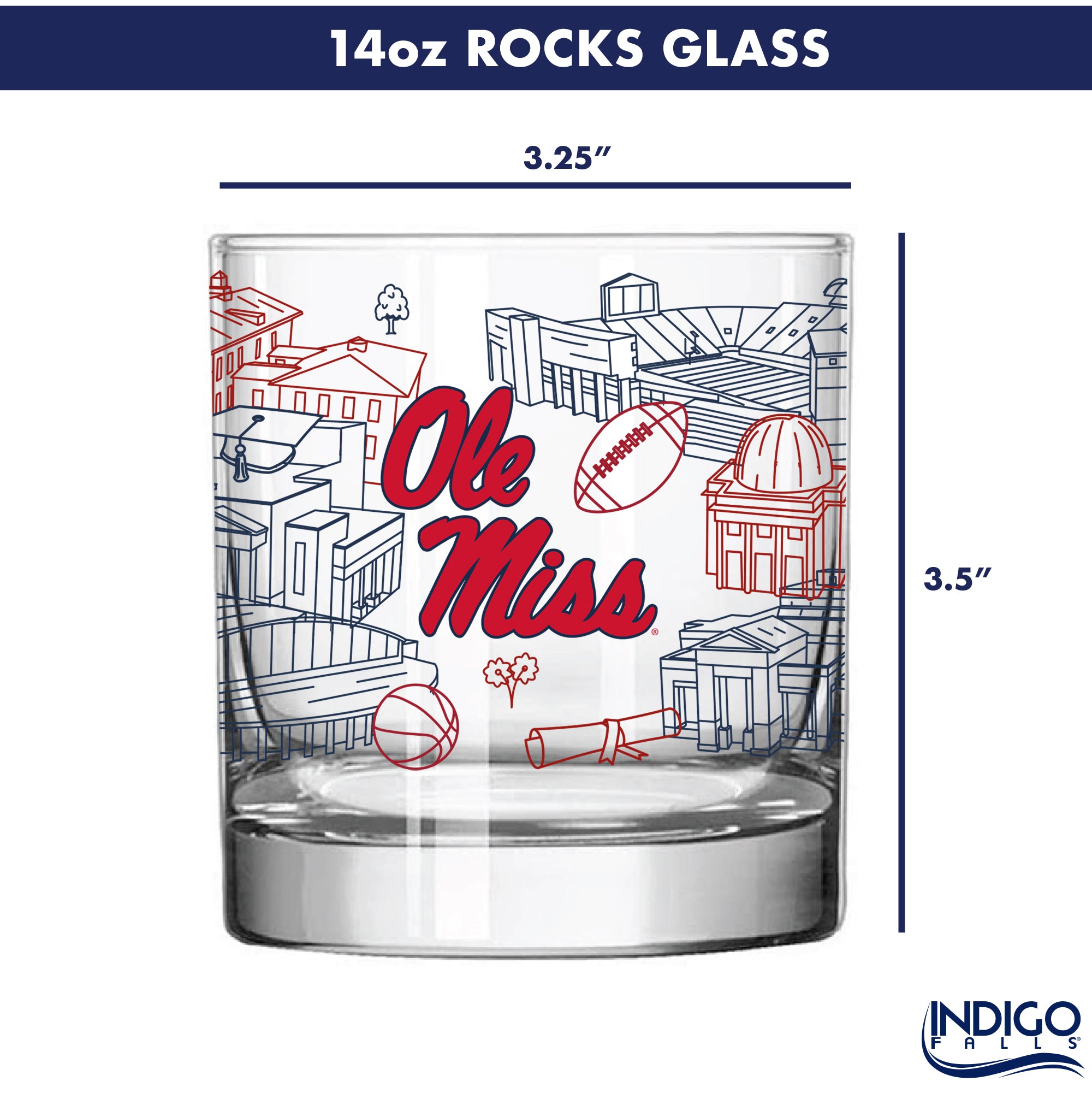 Set of 4 Ole Miss Rebels Campus Line Art 14oz Rocks Glasses