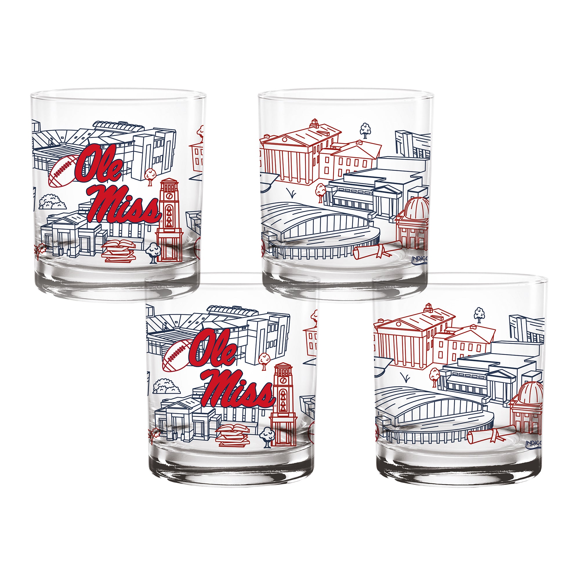 Set of 4 Ole Miss Rebels Campus Line Art 14oz Rocks Glasses