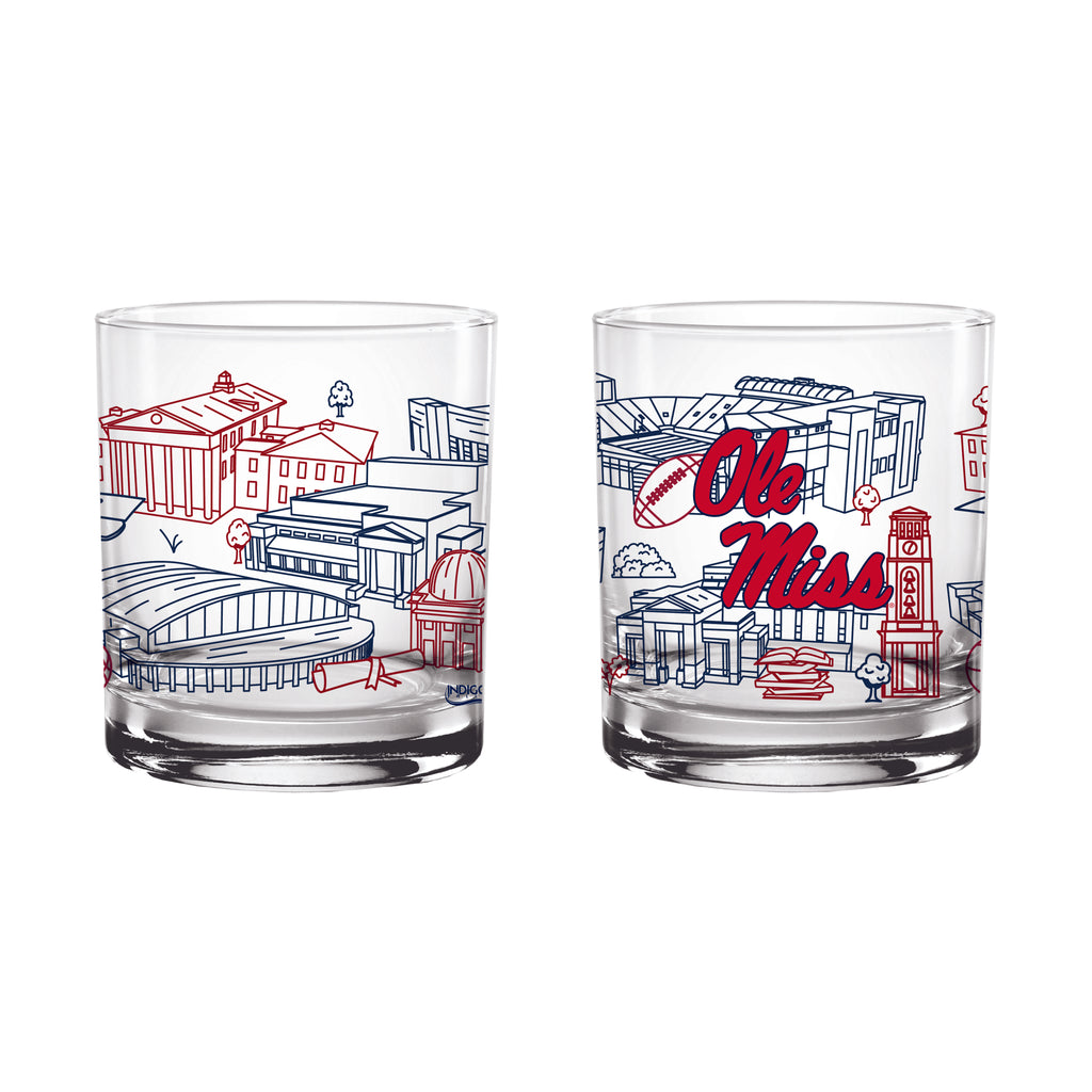 Set of 2 Ole Miss Rebels Campus Line Art 14oz Rocks Glasses