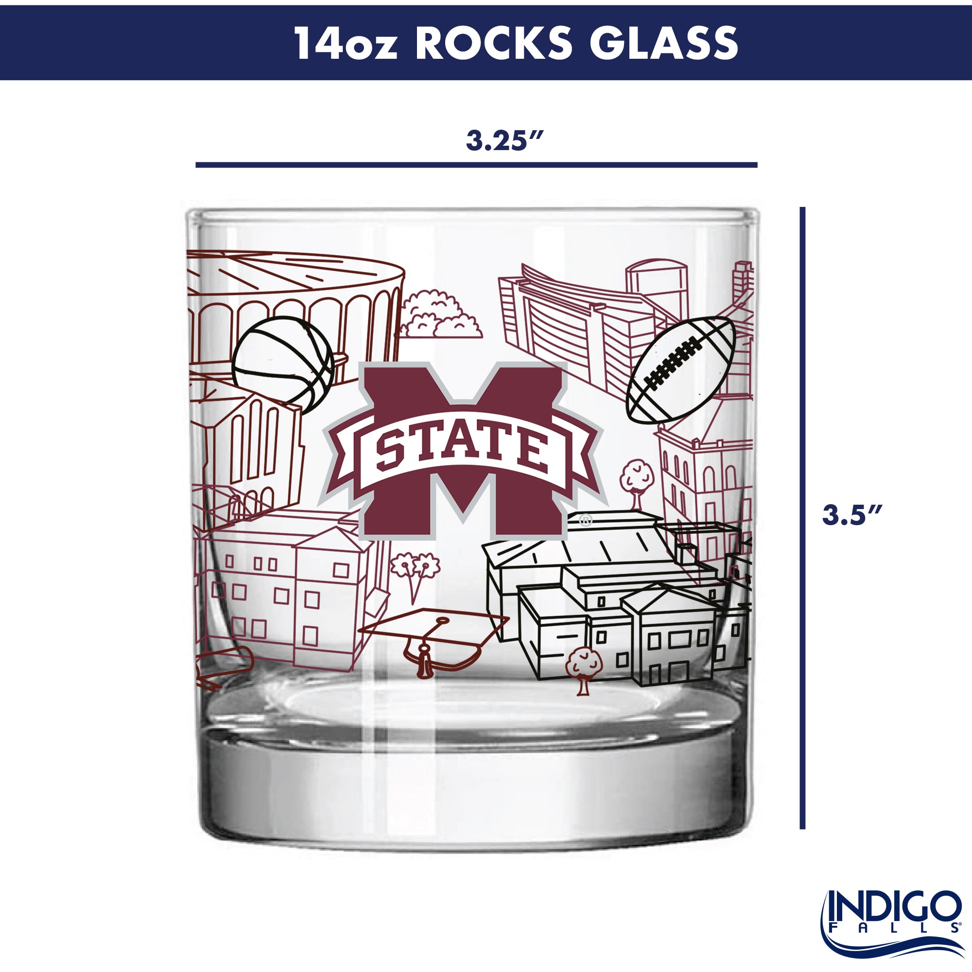 Set of 4 Mississippi State Bulldogs Campus Line Art 14oz Rocks Glasses