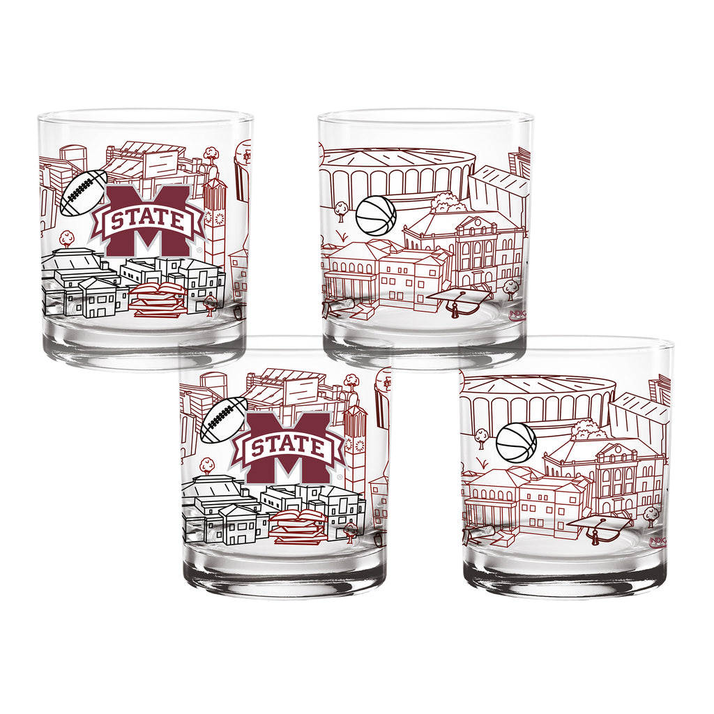Set of 4 Mississippi State Bulldogs Campus Line Art 14oz Rocks Glasses