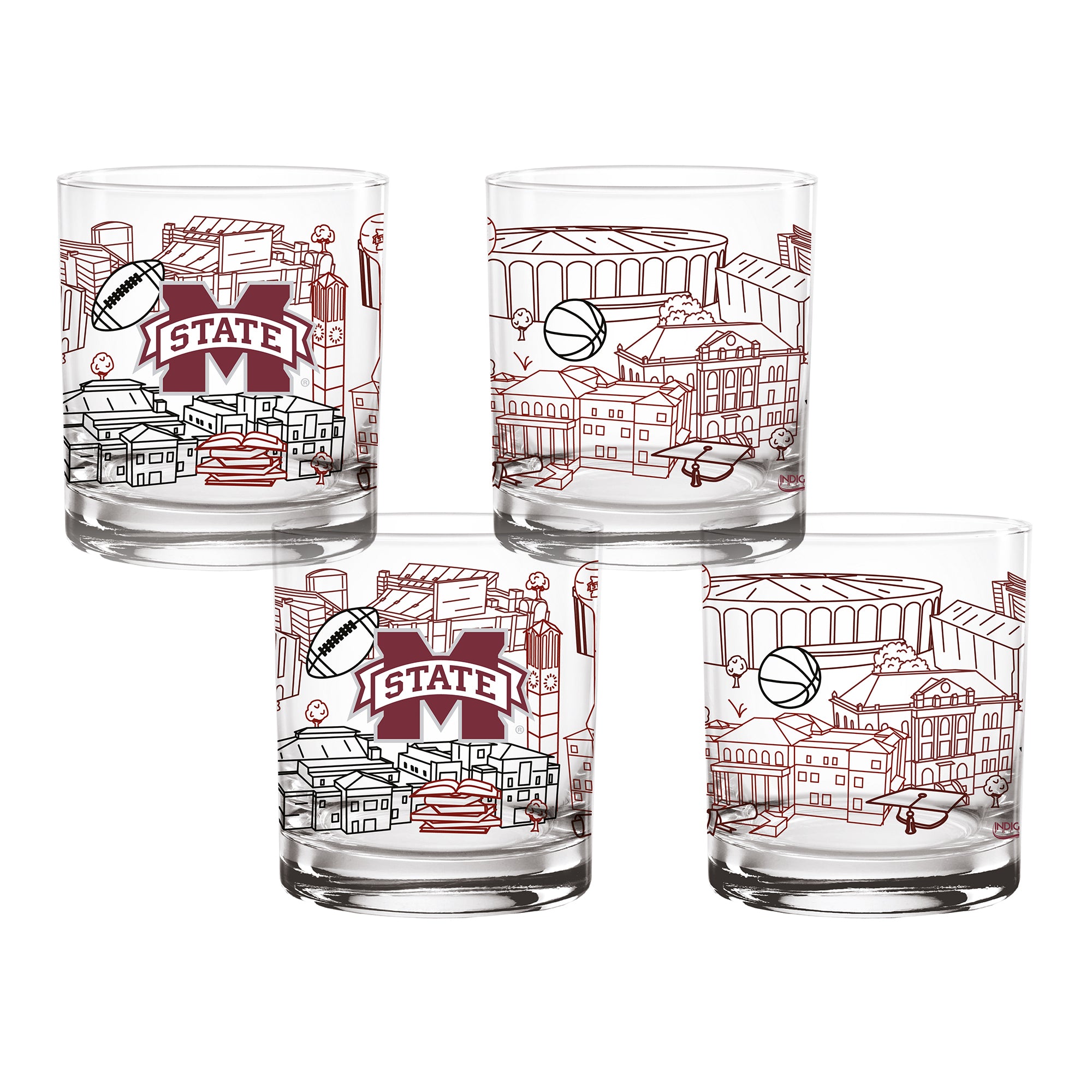 Set of 4 Mississippi State Bulldogs Campus Line Art 14oz Rocks Glasses